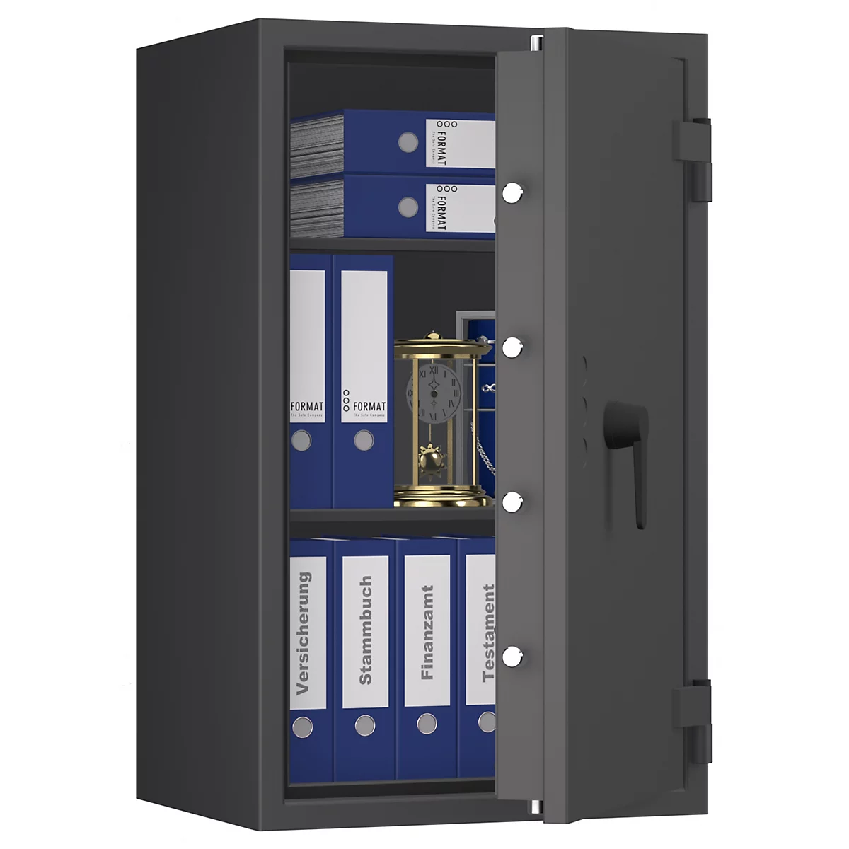 Coffre-fort gris, à moitié ouvert. À l'intérieur, des dossiers bleus, une horloge à pendule dorée et d'autres dossiers bleus avec des inscriptions.