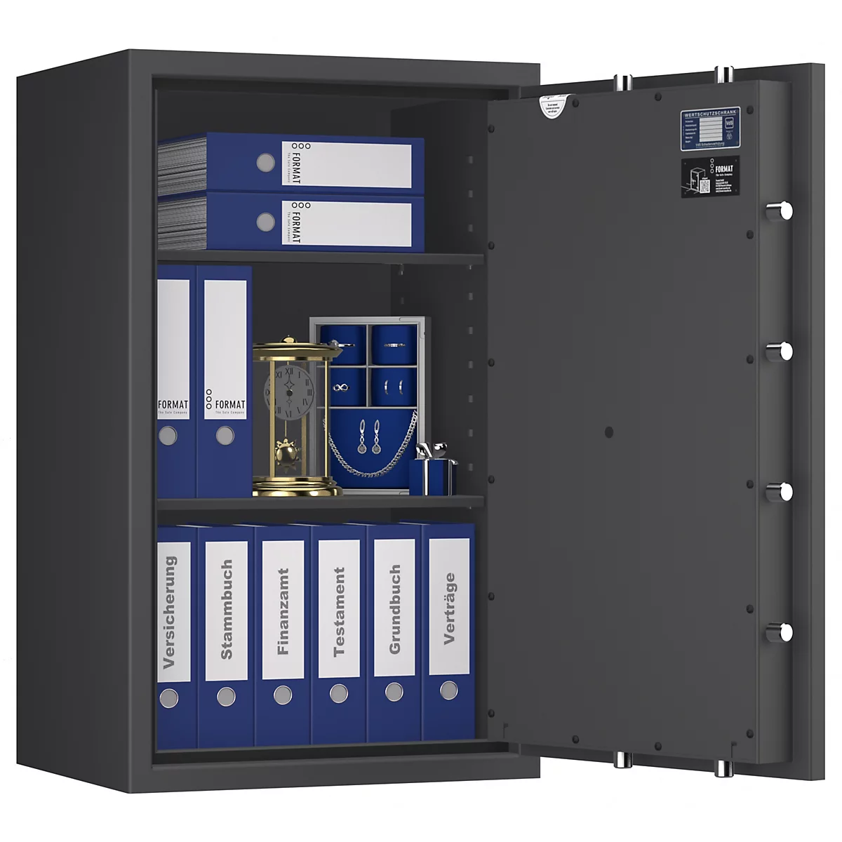 Coffre-fort gris ouvert. À l'intérieur : dossiers, bijoux, horloge. Sur les dossiers, des termes comme 'assurance'.