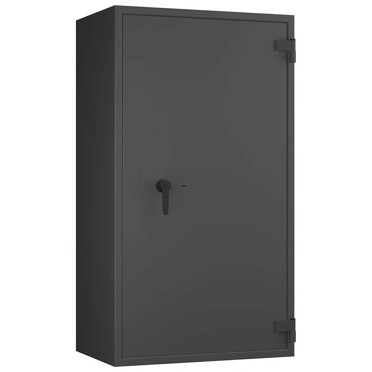 Coffre-fort gris foncé avec poignée noire, charnières et serrure à cylindre sur fond blanc.