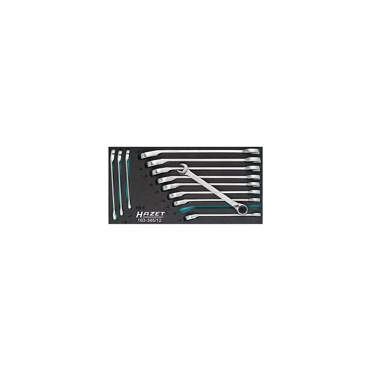 Coffret à outils Hazet 163-385/12, 1/3 module, y compris assortiment de clés mixtes à cliquet, 12 pièces, L 342 x P 172 x H 35 mm, mousse, noir/bleu