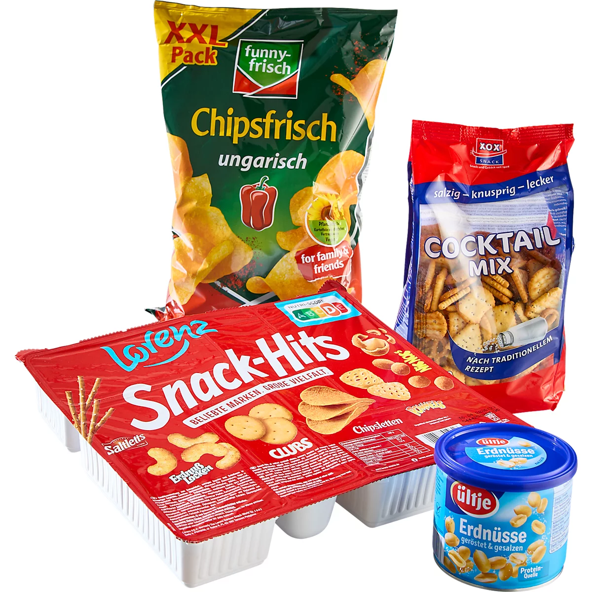 Plusieurs emballages de collations, dont Chipsfrisch, Snack-Hits, Cocktail-Mix et cacahuètes. Tous les produits sont étiquetés en allemand.