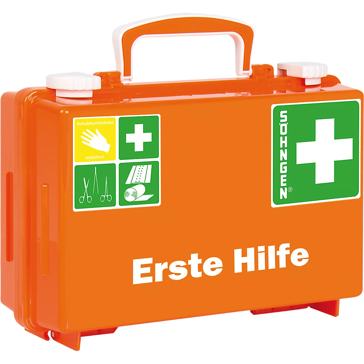Une trousse de premiers secours orange avec une poignée blanche. Divers pictogrammes sont représentés sur la boîte, ainsi que l'inscription "Erste Hilfe".