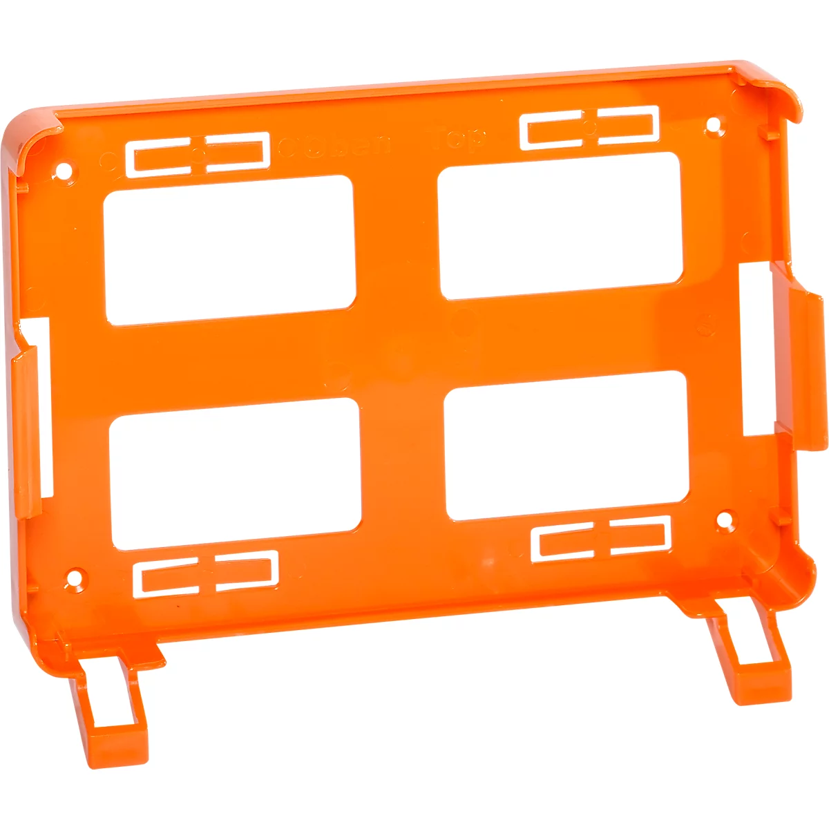Cadre en plastique orange avec quatre découpes rectangulaires. Le cadre a deux petits pieds.
