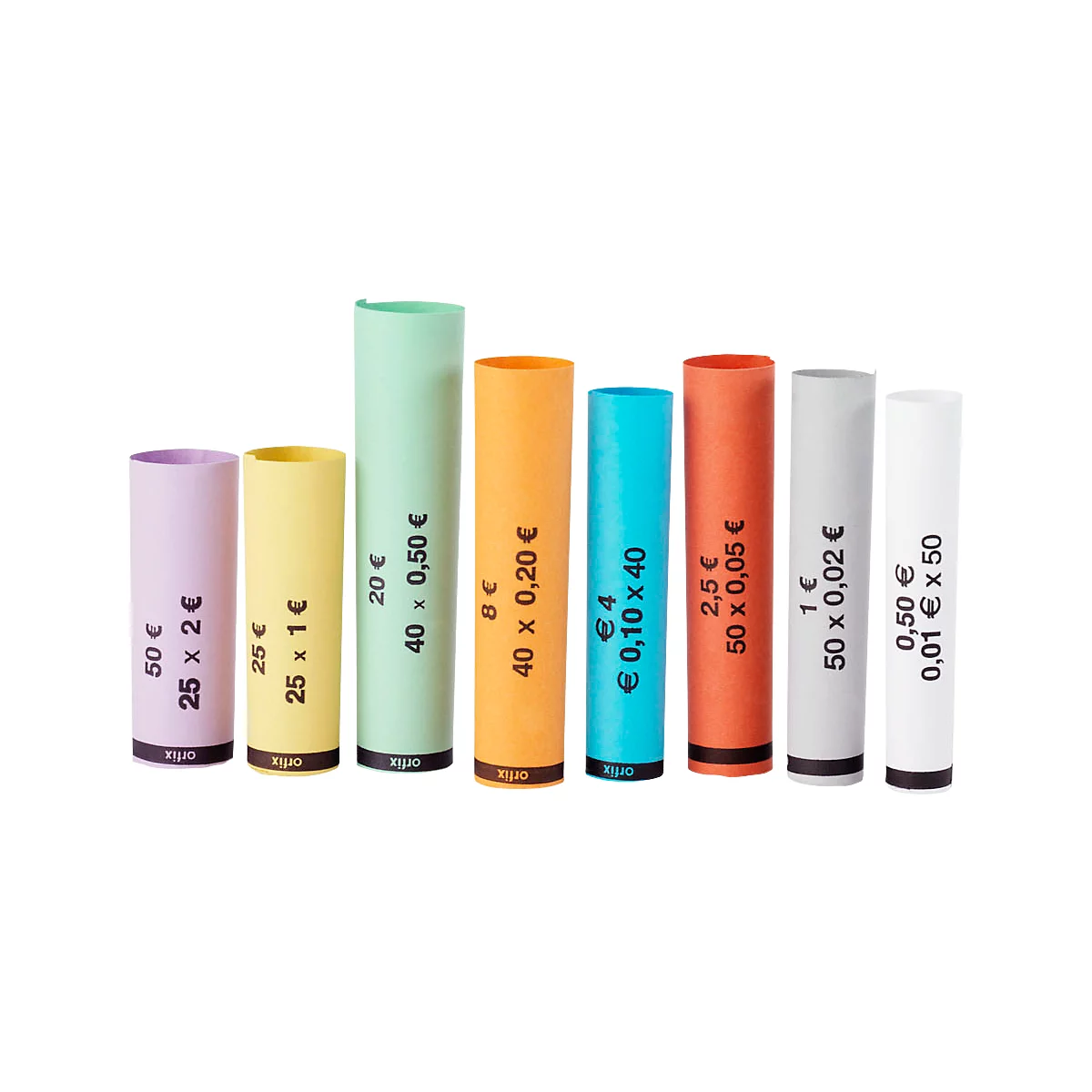 Various colored coin rolls labeled with euro amounts and denominations.