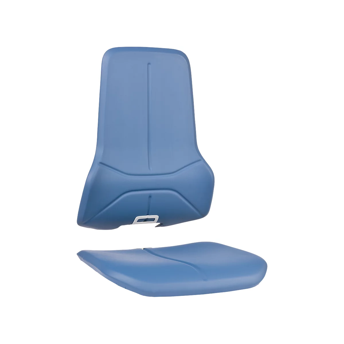 Asiento azul con respaldo y asiento. El respaldo tiene un hueco vertical, el asiento uno horizontal.