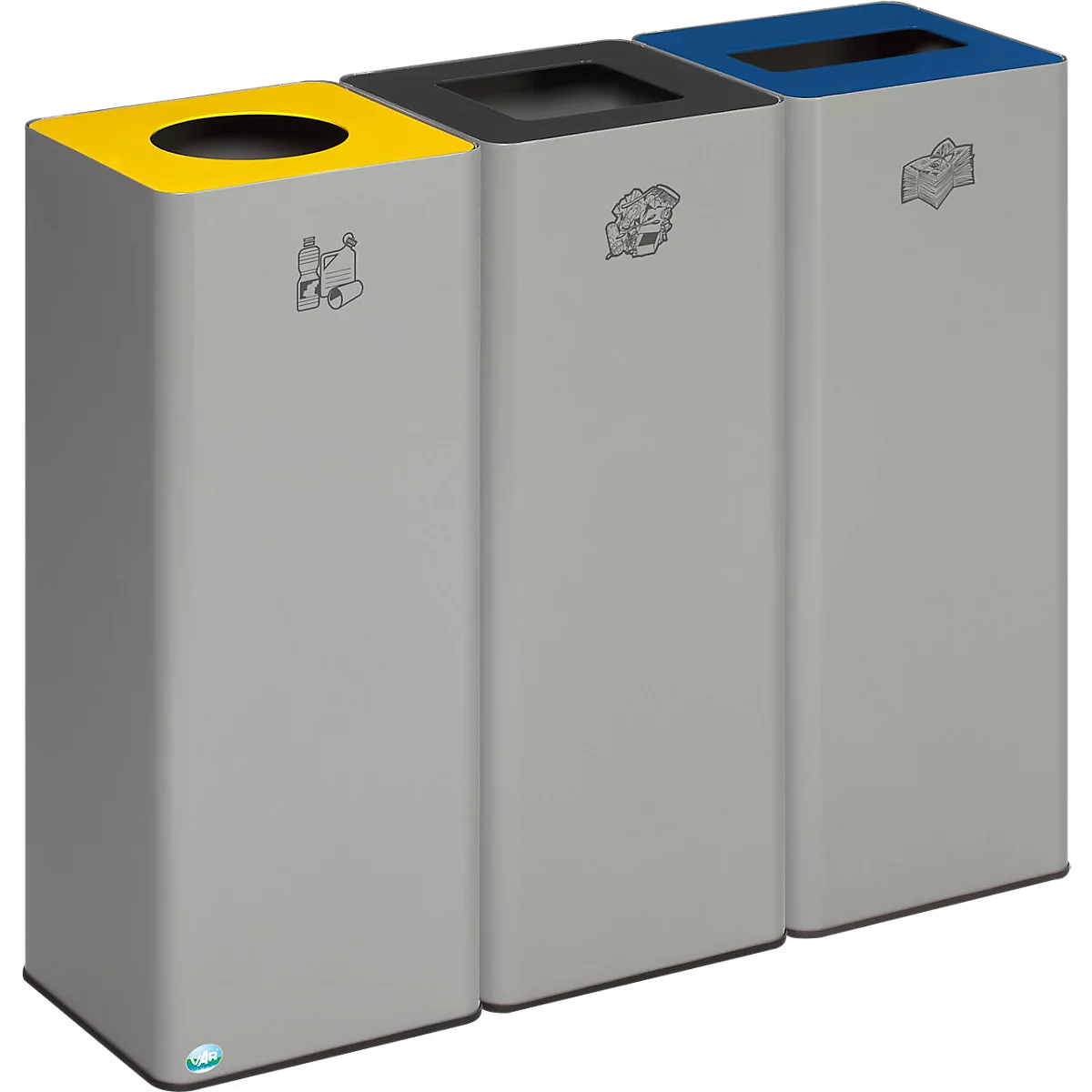 Colector de materiales reciclables VAR Quadro, 3 compartimentos, volumen total 210 l, chapa de acero galvanizada