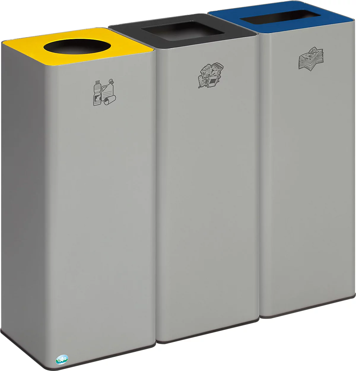 Colector de residuos reciclables VAR Quadro, 3 compartimentos, volumen total 243 l, chapa de acero galvanizada