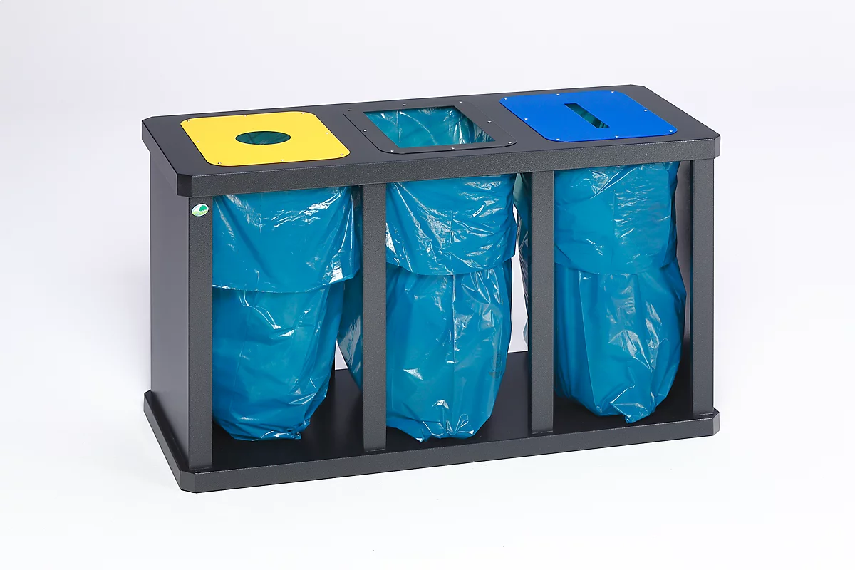 Colector de residuos reciclables VAR Tetris, estación de 3 unidades, con aro de sujeción, acero