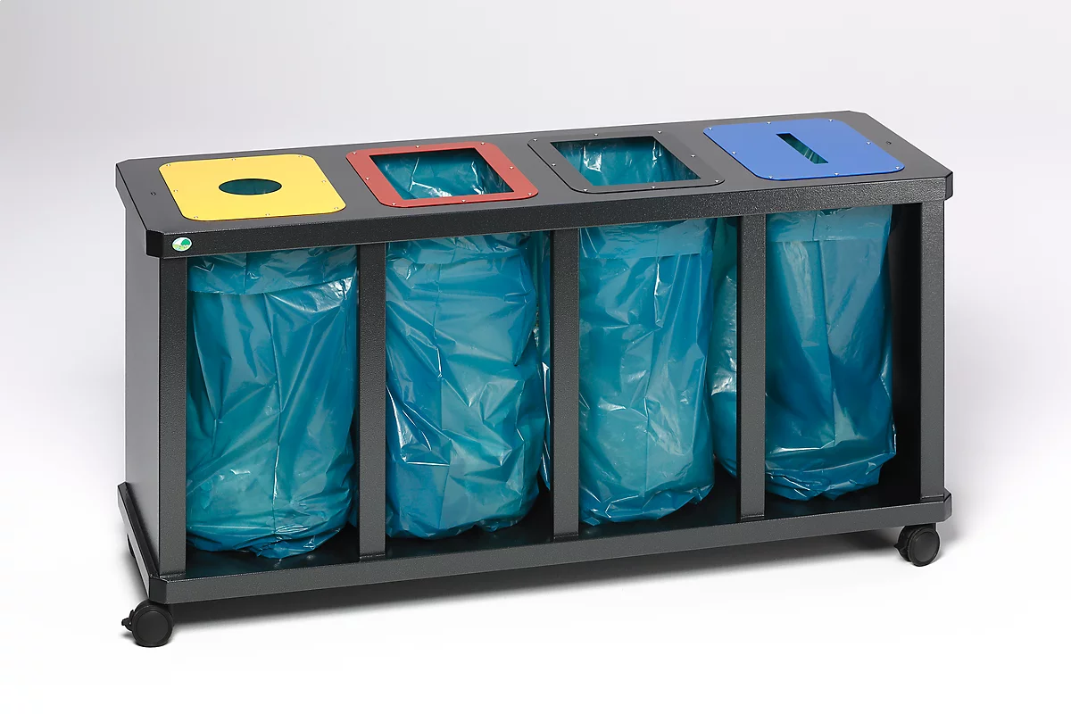 Colector de residuos reciclables VAR Tetris, estación de 4 unidades, con aro de sujeción, acero