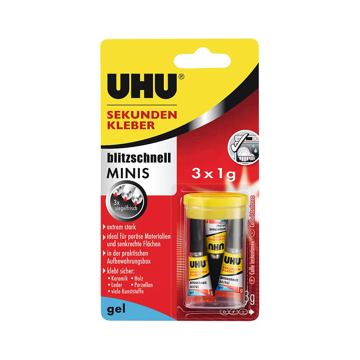 Colle instantanée Mini Gel UHU, 3 unités, sans dissolvant, adhérence particulièrement forte,