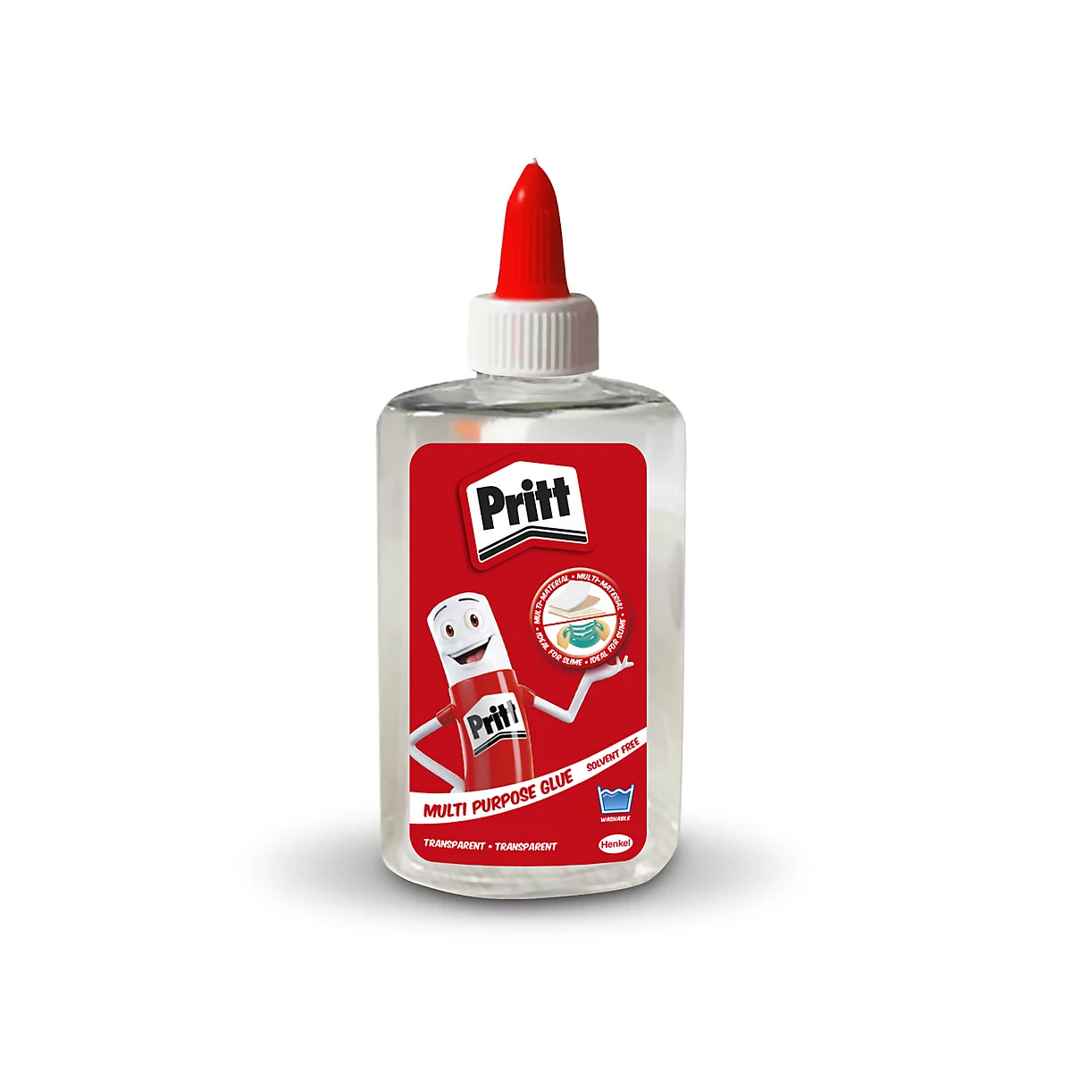 Bâton de colle Pritt transparent avec bouchon rouge et étiquette rouge.