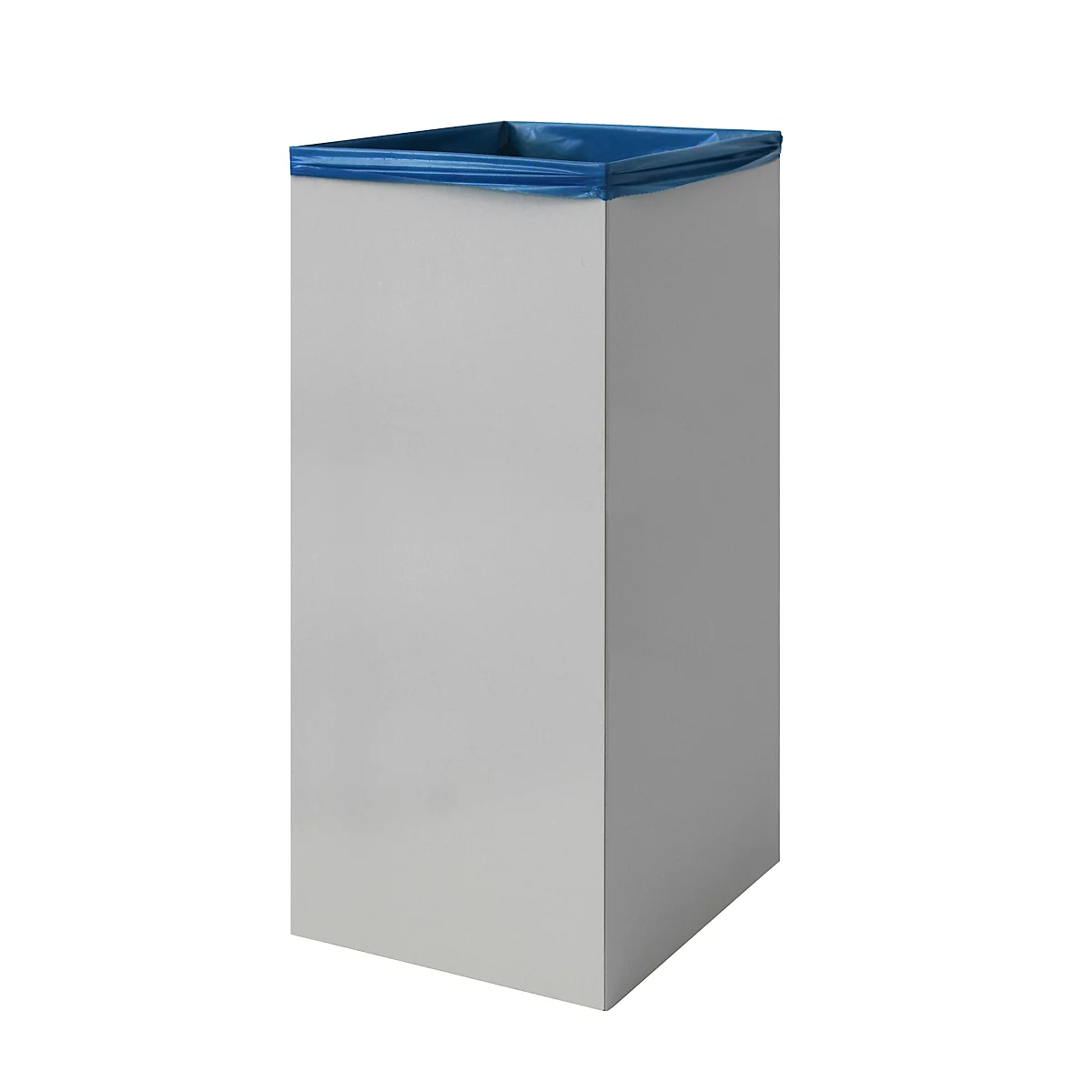 Poubelle grise, cuboïde avec un bord bleu, sur fond blanc.
