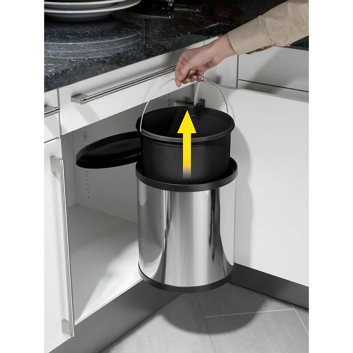 Collecteur de déchets Compact-Box M Hailo, 15 L, rond, couvercle pivotant-basculant, inox