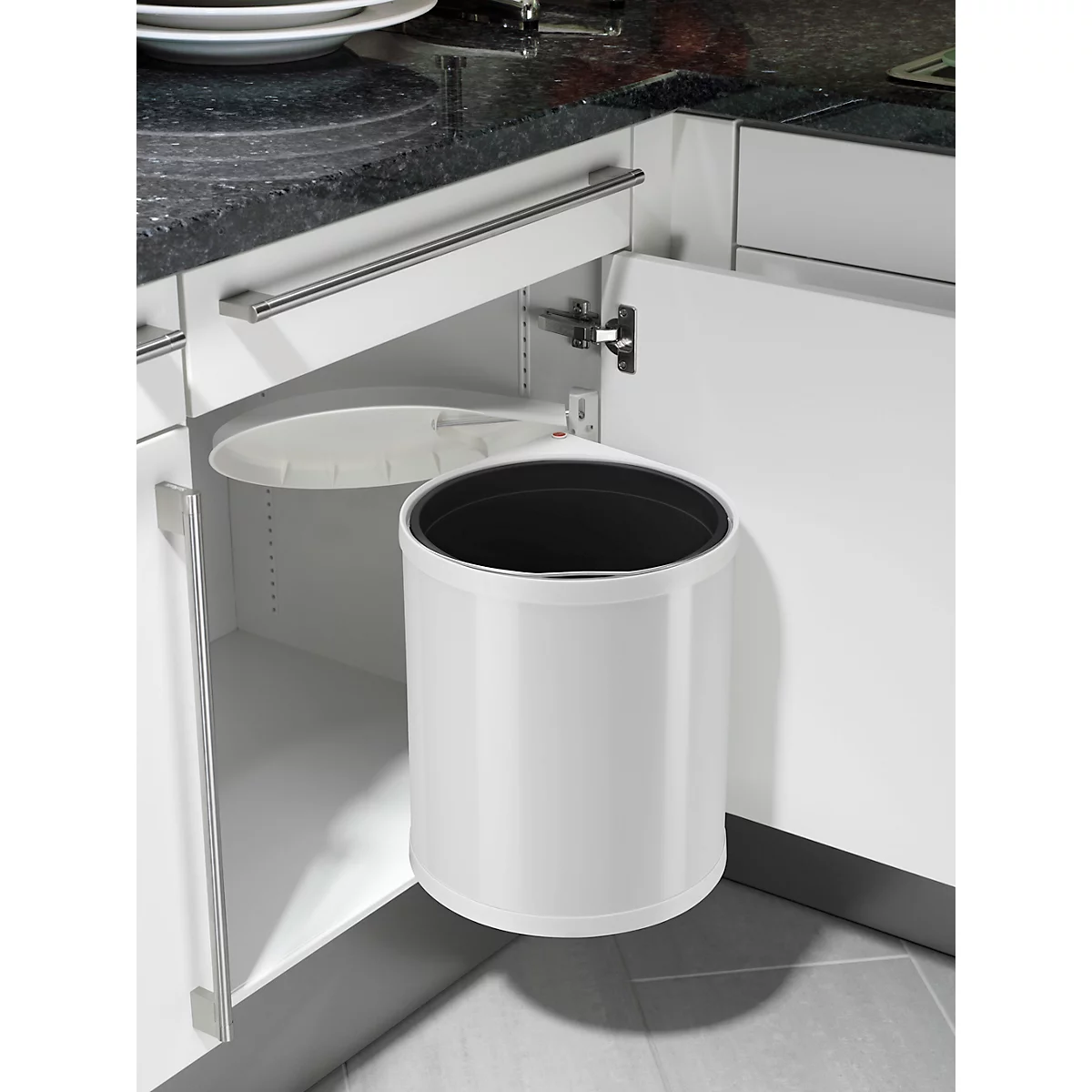 Collecteur de déchets Compact-Box M Hailo, 15 L, rond, couvercle pivotant-basculant, tôle d'acier, blanc