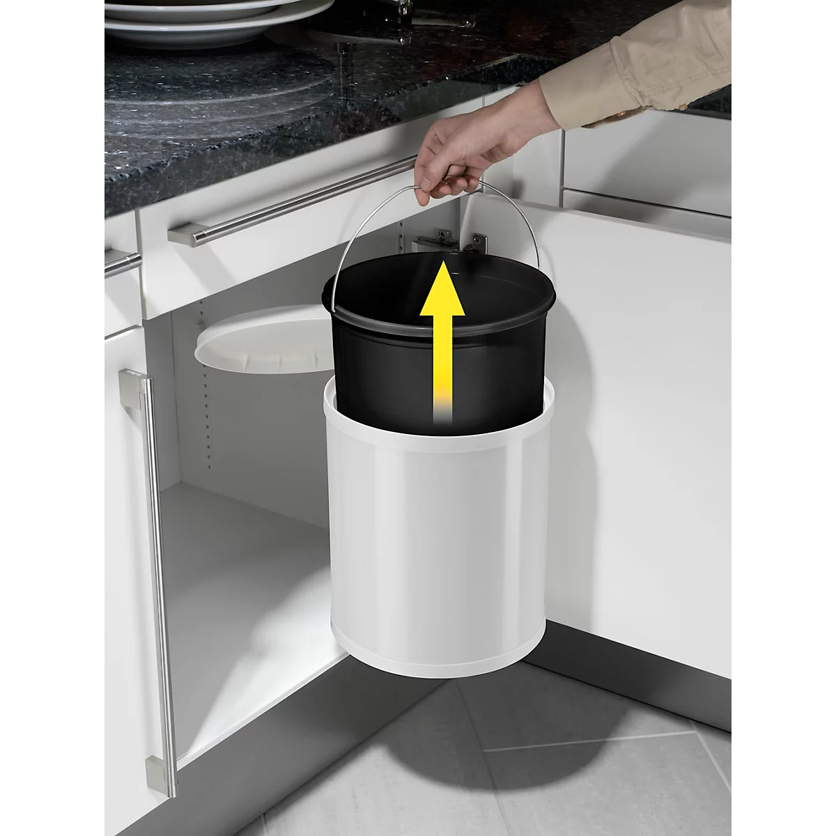 Collecteur de déchets Compact-Box M Hailo, 15 L, rond, couvercle pivotant-basculant, tôle d'acier, blanc