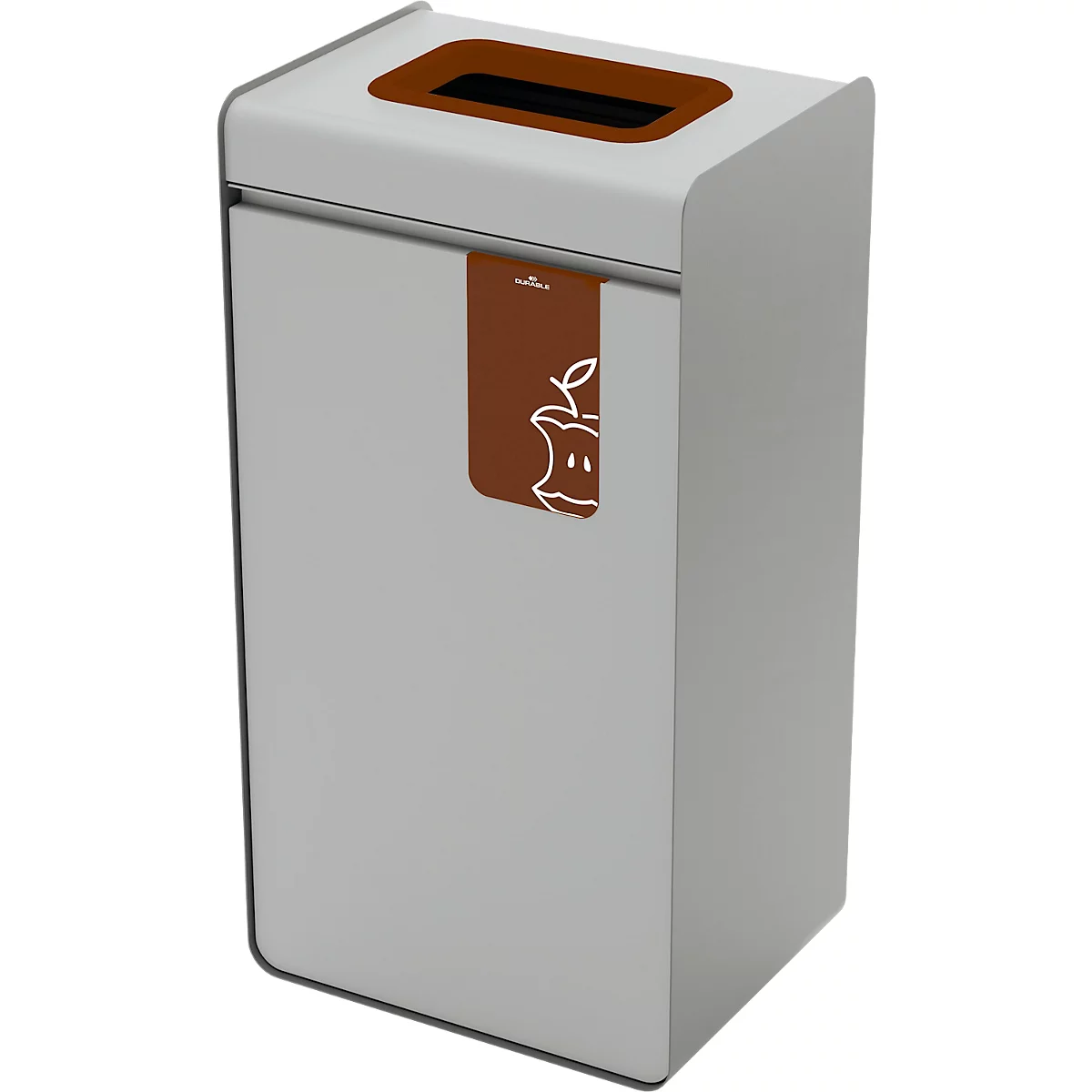 Poubelle grise avec des accents marron et un logo de pomme.