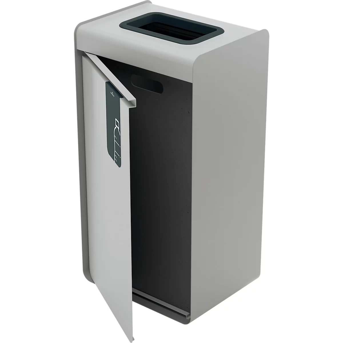 Poubelle grise avec porte ouverte. Ouverture rectangulaire pour les déchets en haut. Autocollant vert sur la porte.