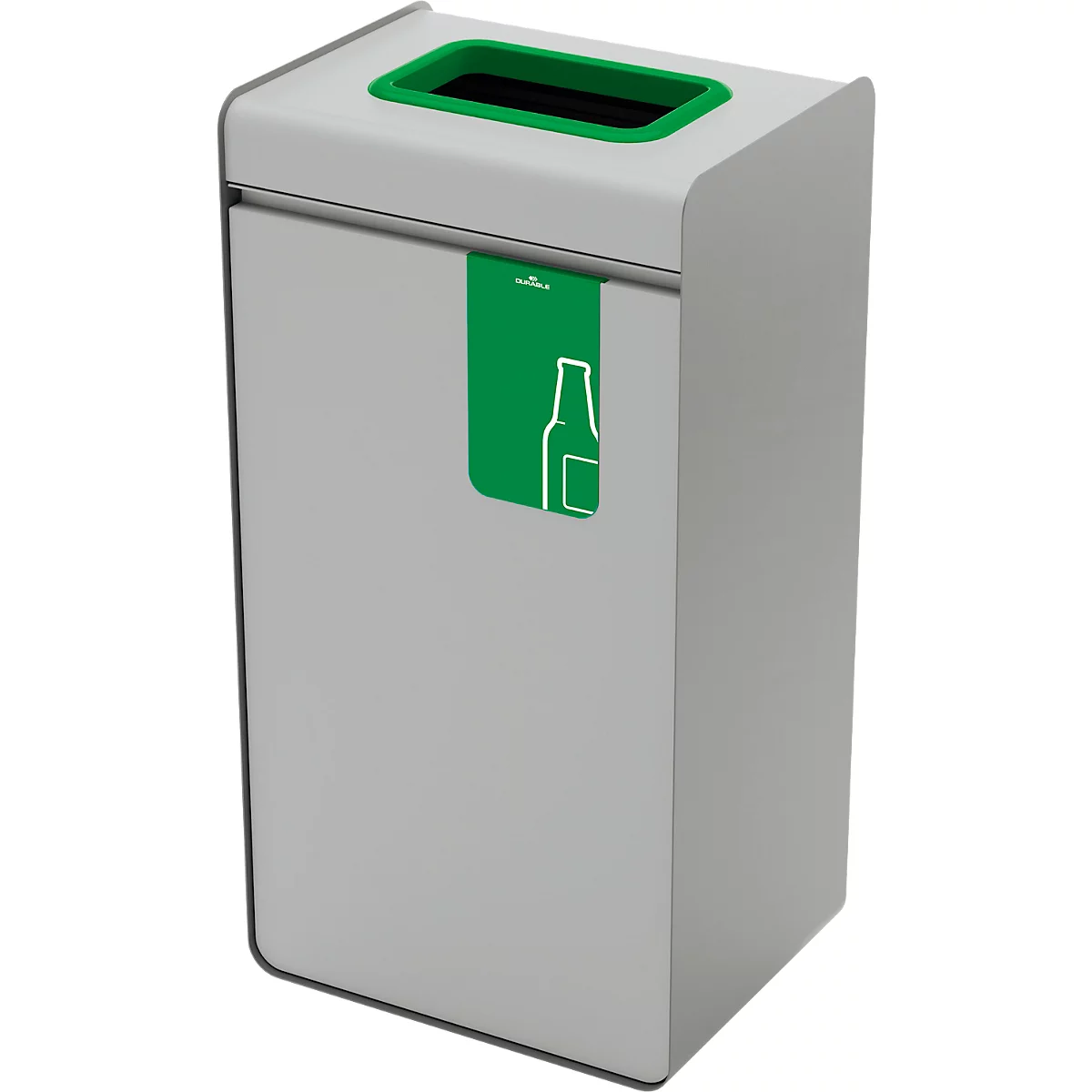 Poubelle grise avec couvercle vert et autocollant pour bouteilles en verre.