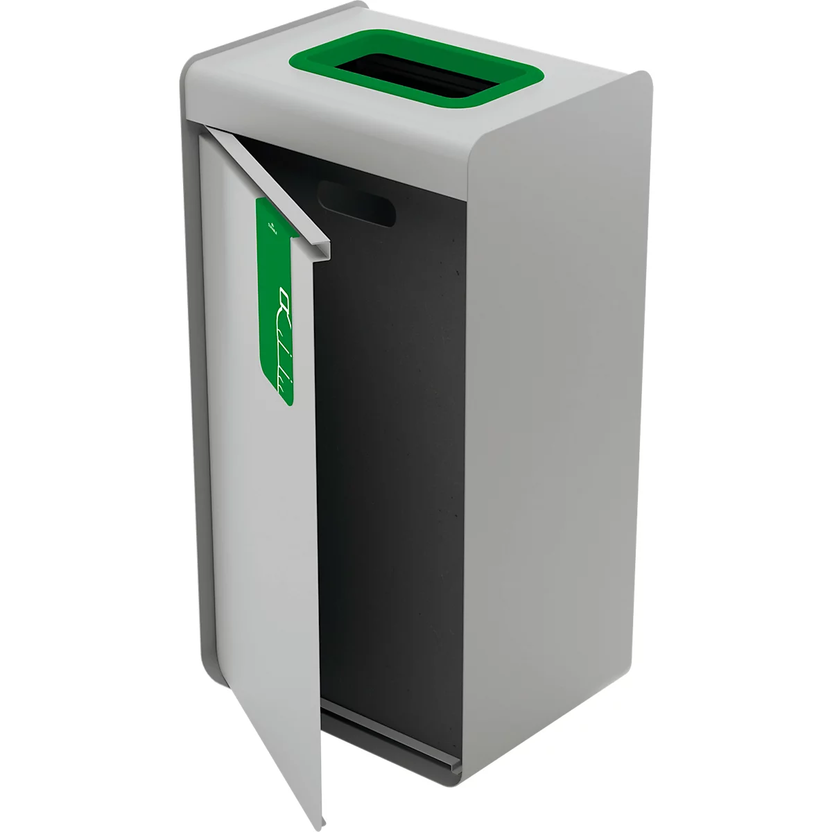 Poubelle grise avec porte ouverte. Sur la porte, une étiquette verte avec texte. En haut, une ouverture verte.