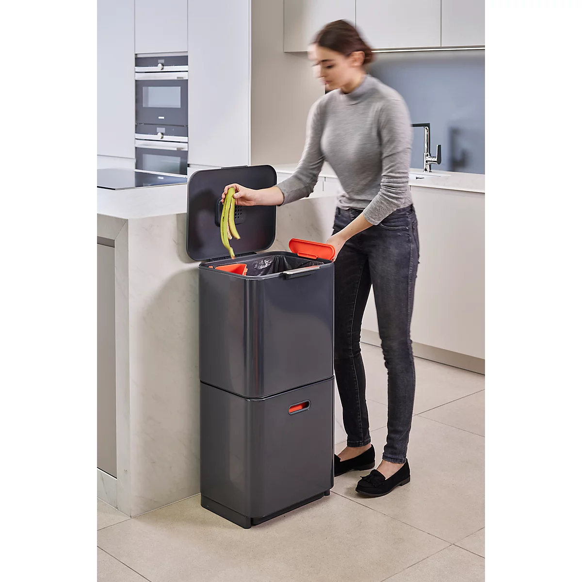 Collecteur de déchets Intelligent Waste Totem, rectangulaire, compartiment + tiroir, 60 L, avec couvercle, inox, graphite