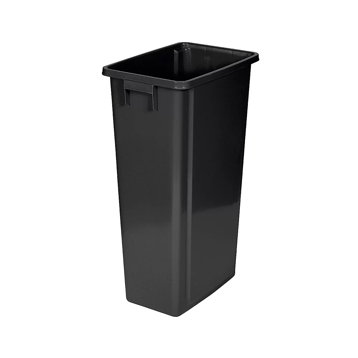 Poubelle en plastique noir et rectangulaire. Elle a un large bord et des évidements latéraux.