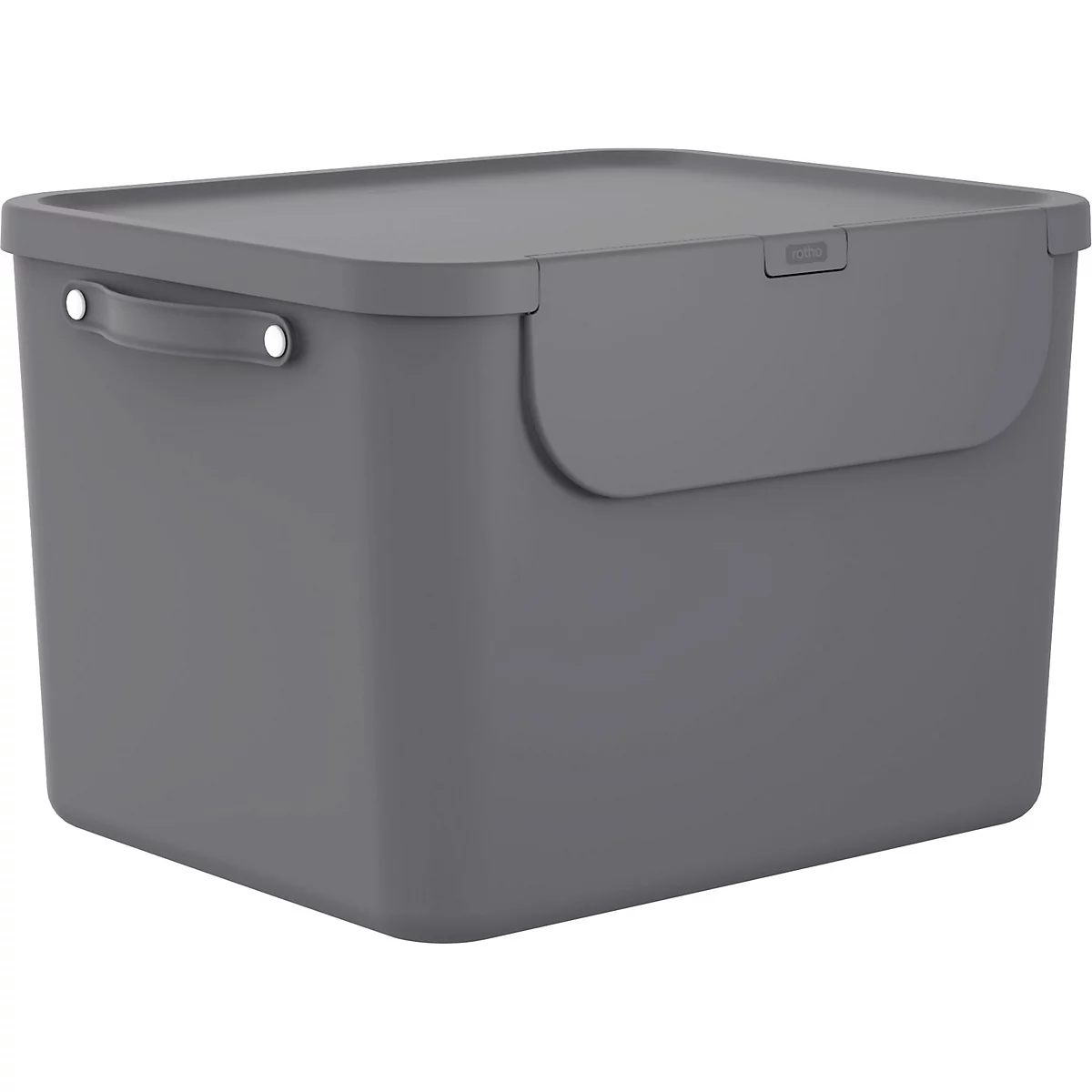 Trois poubelles grises avec des couvercles sont devant un mur blanc. Chaque couvercle porte des symboles blancs.