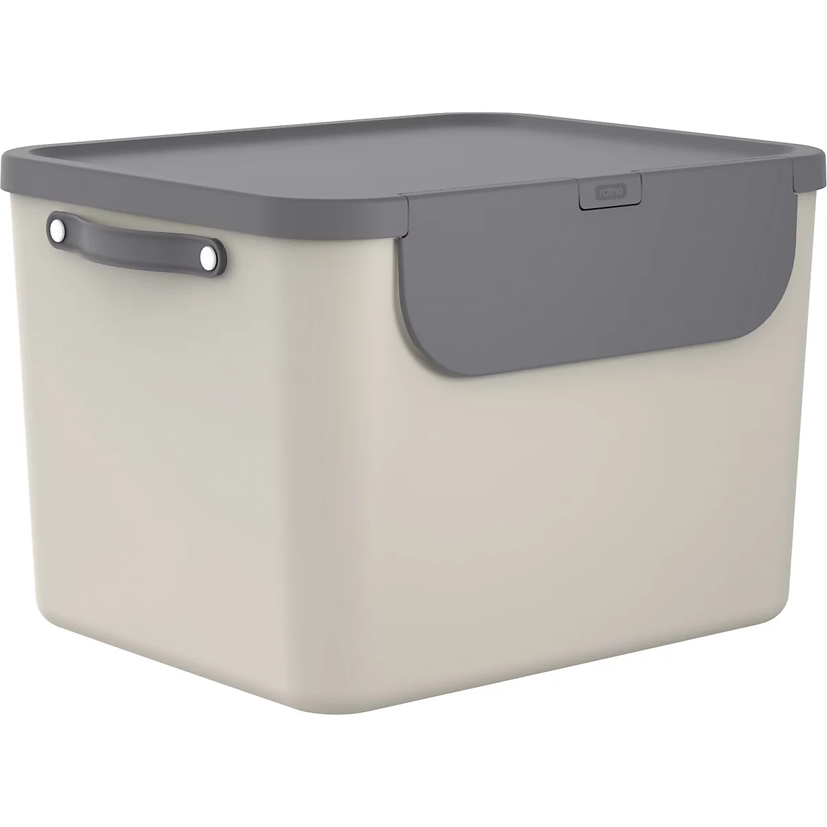 Boîte de rangement beige avec couvercle et poignée gris. Le couvercle est partiellement ouvert.