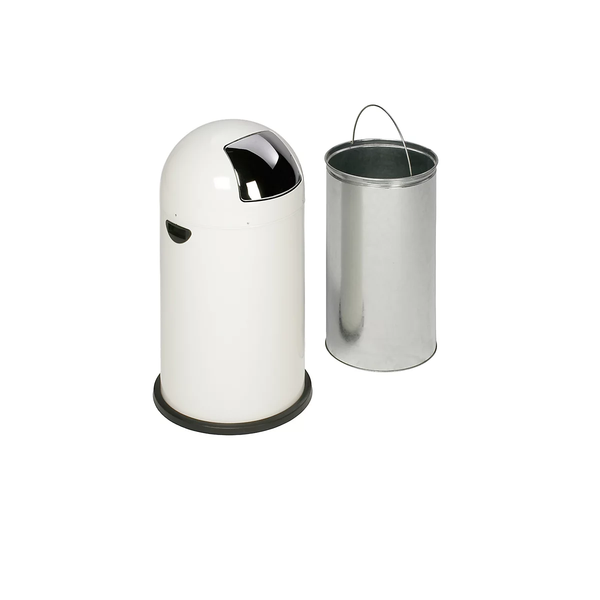 Poubelle blanche avec seau intérieur à côté.