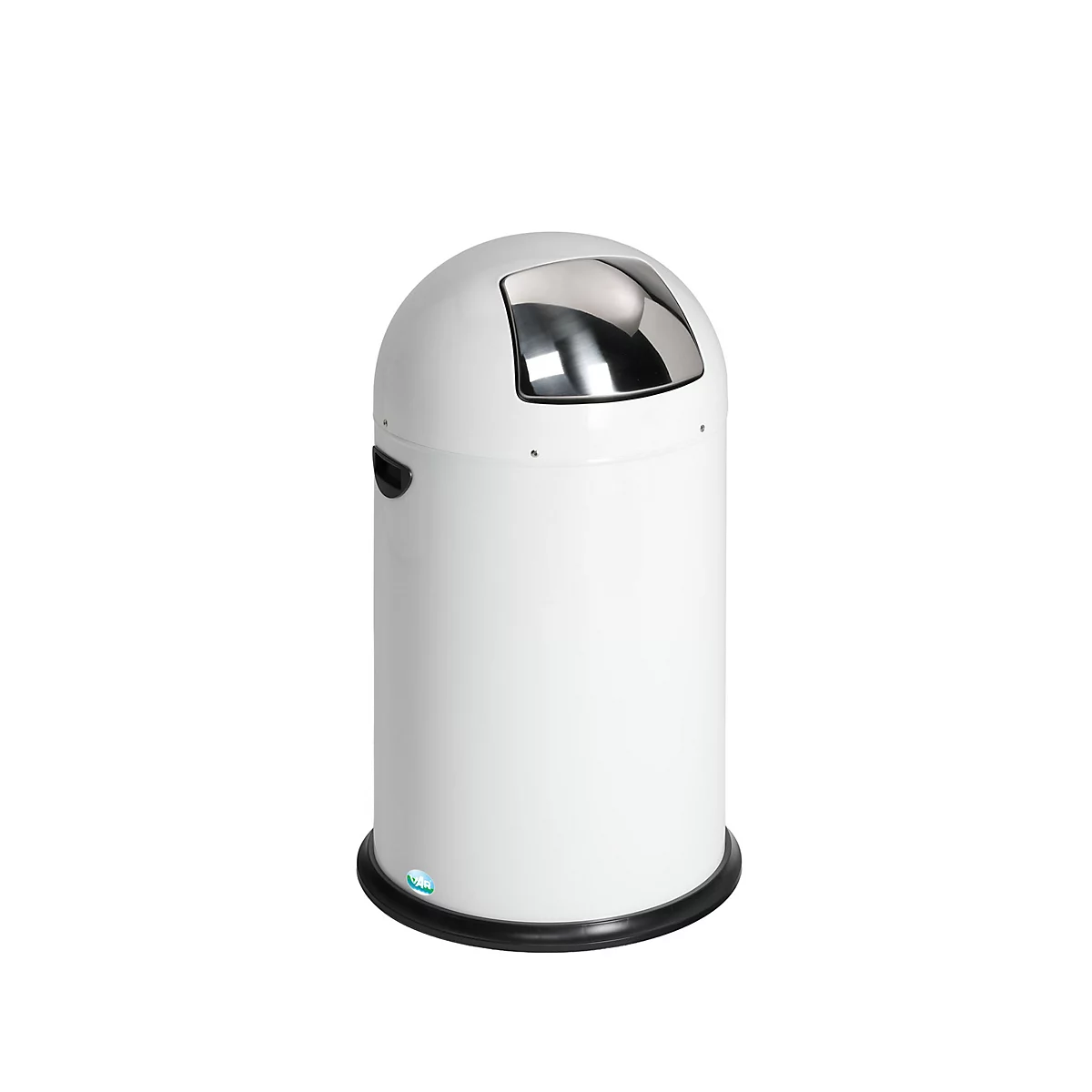 Poubelle blanche avec couvercle rond, poignée noire et base noire.