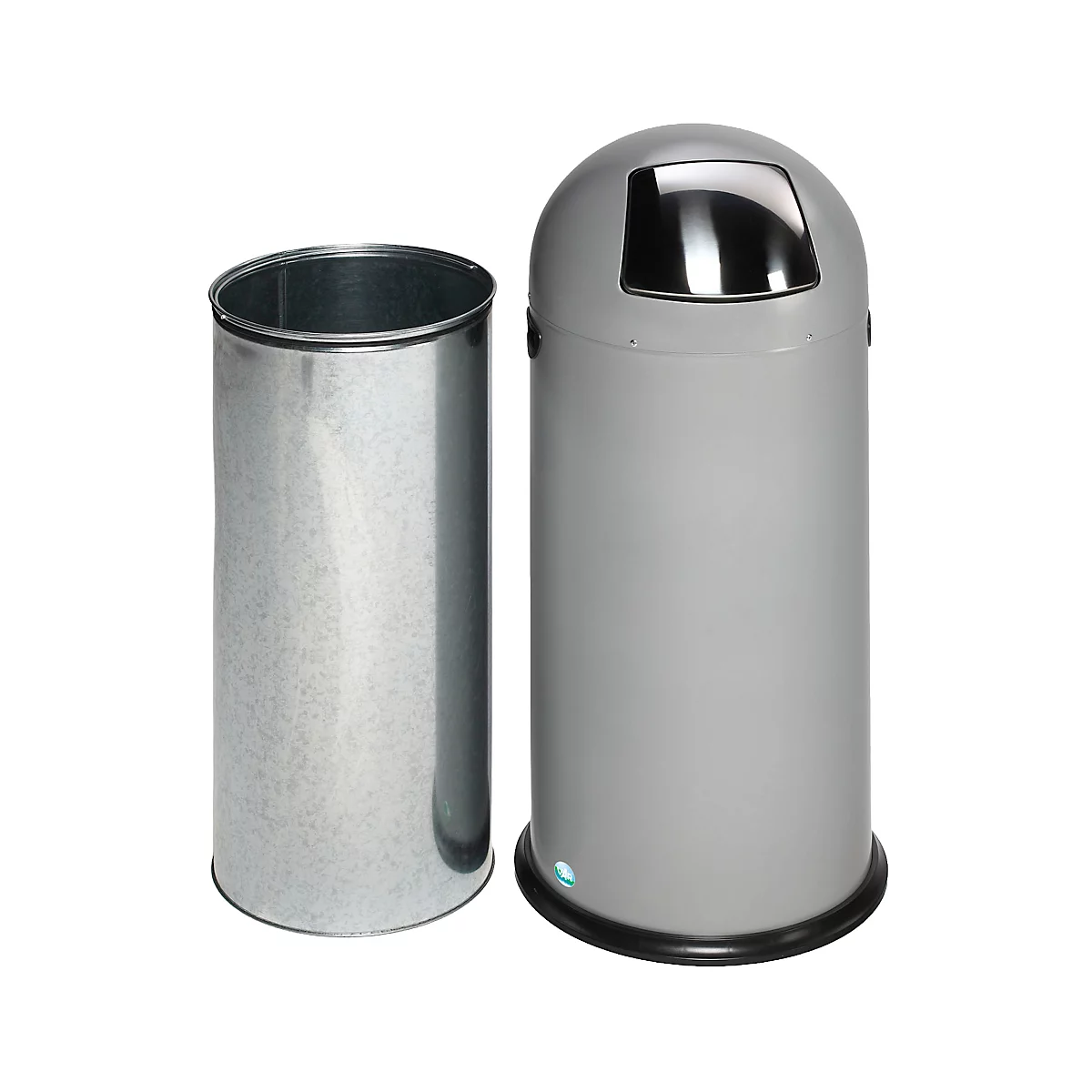 Poubelle grise avec bac intérieur métallique. Couvercle avec rabat en métal poli.