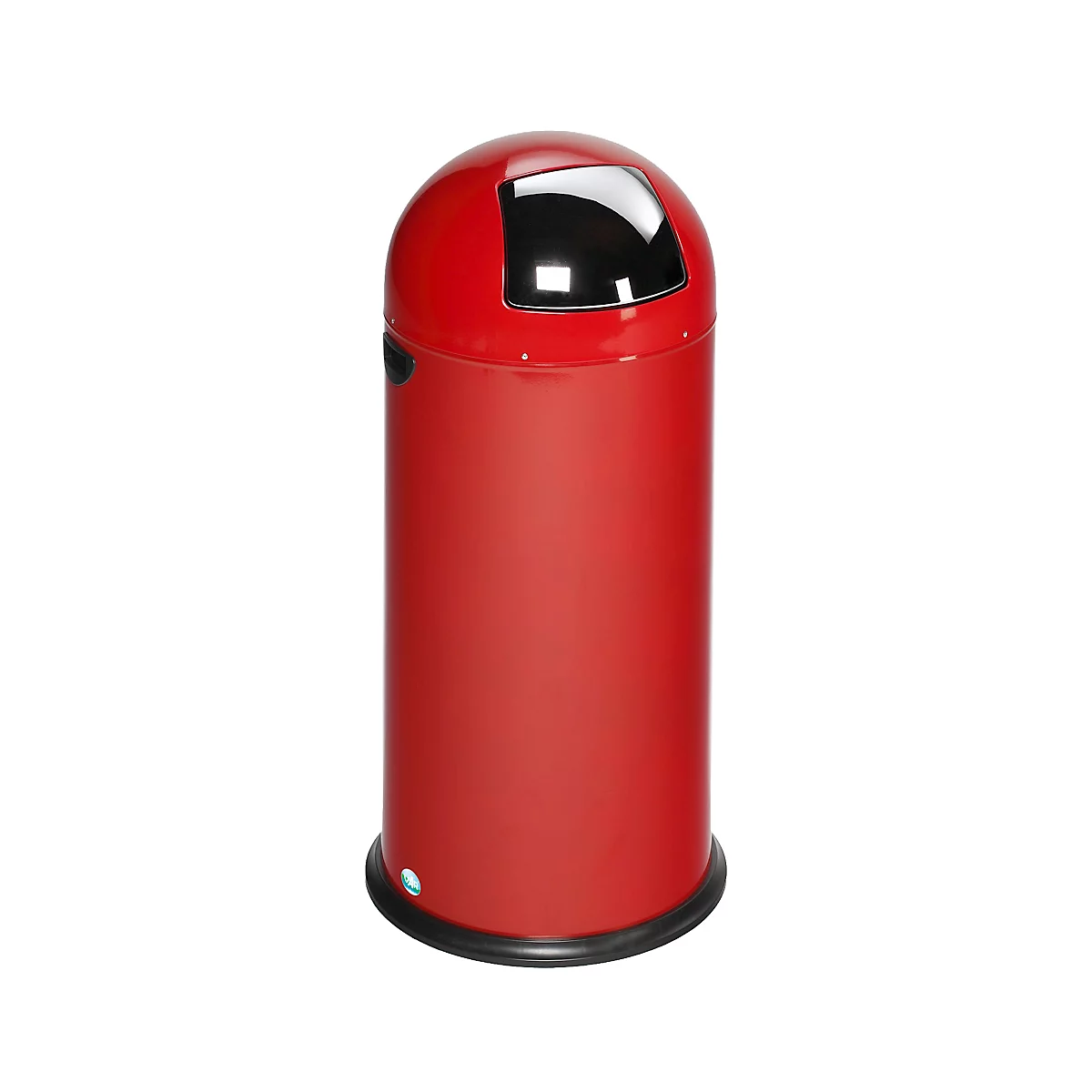 Poubelle cylindrique rouge avec couvercle noir et ouverture. Sur fond blanc.