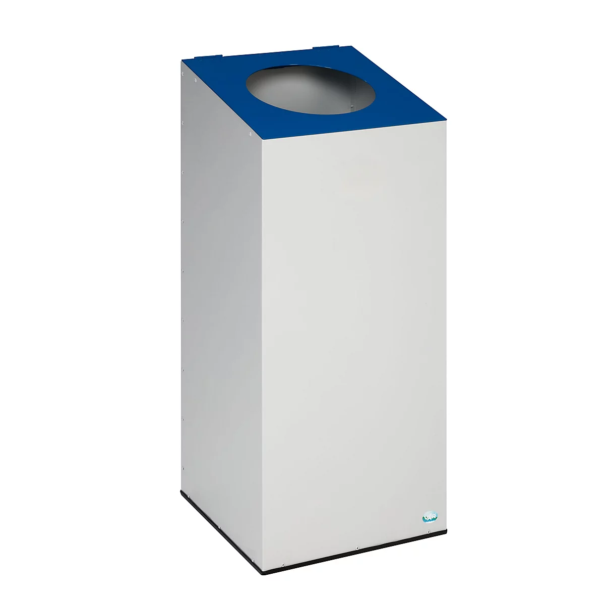 Poubelle blanche et rectangulaire avec un dessus bleu et une ouverture circulaire. Accents bleus. Sur fond blanc.