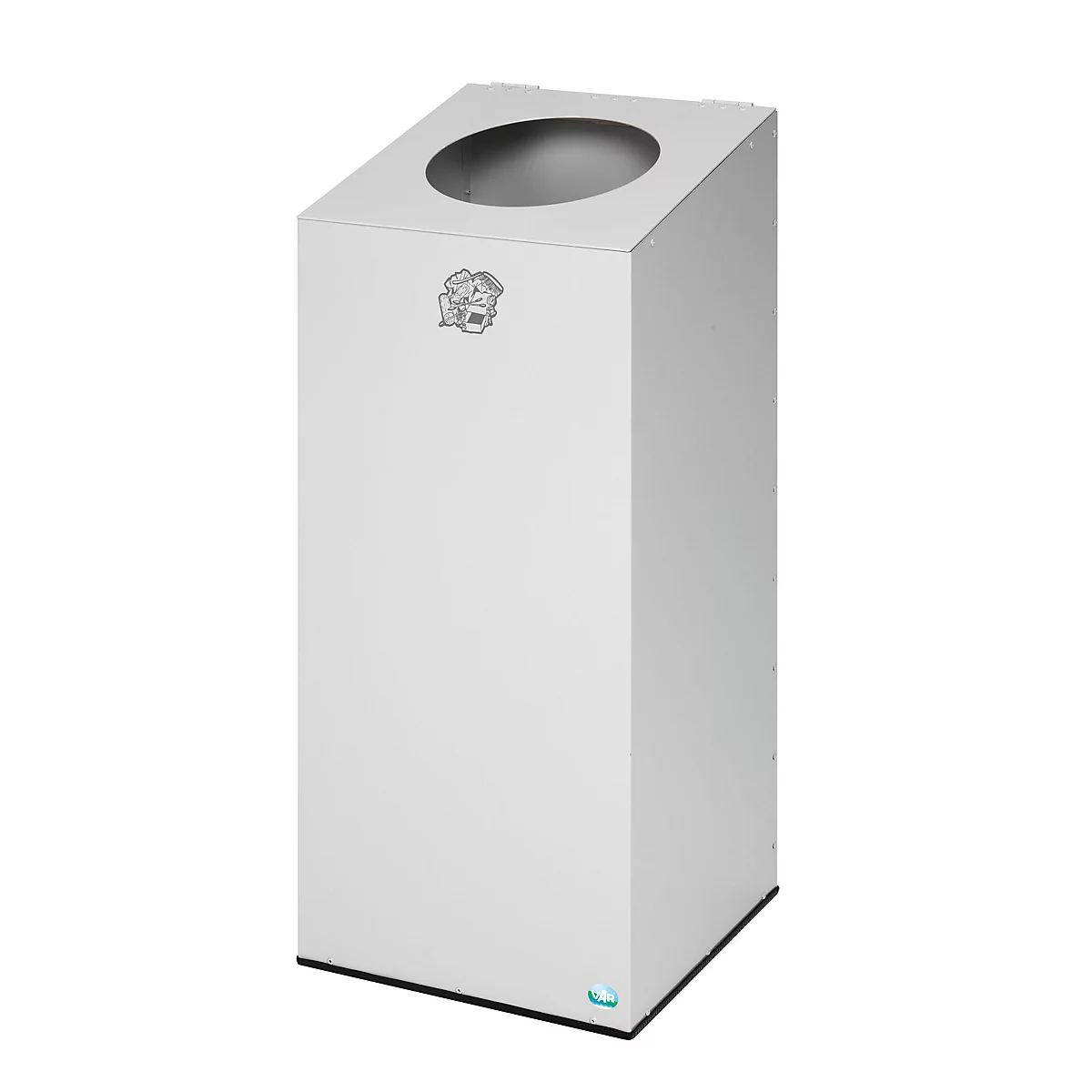 Une poubelle rectangulaire blanche avec une ouverture ronde en haut. Un logo est sur le devant.