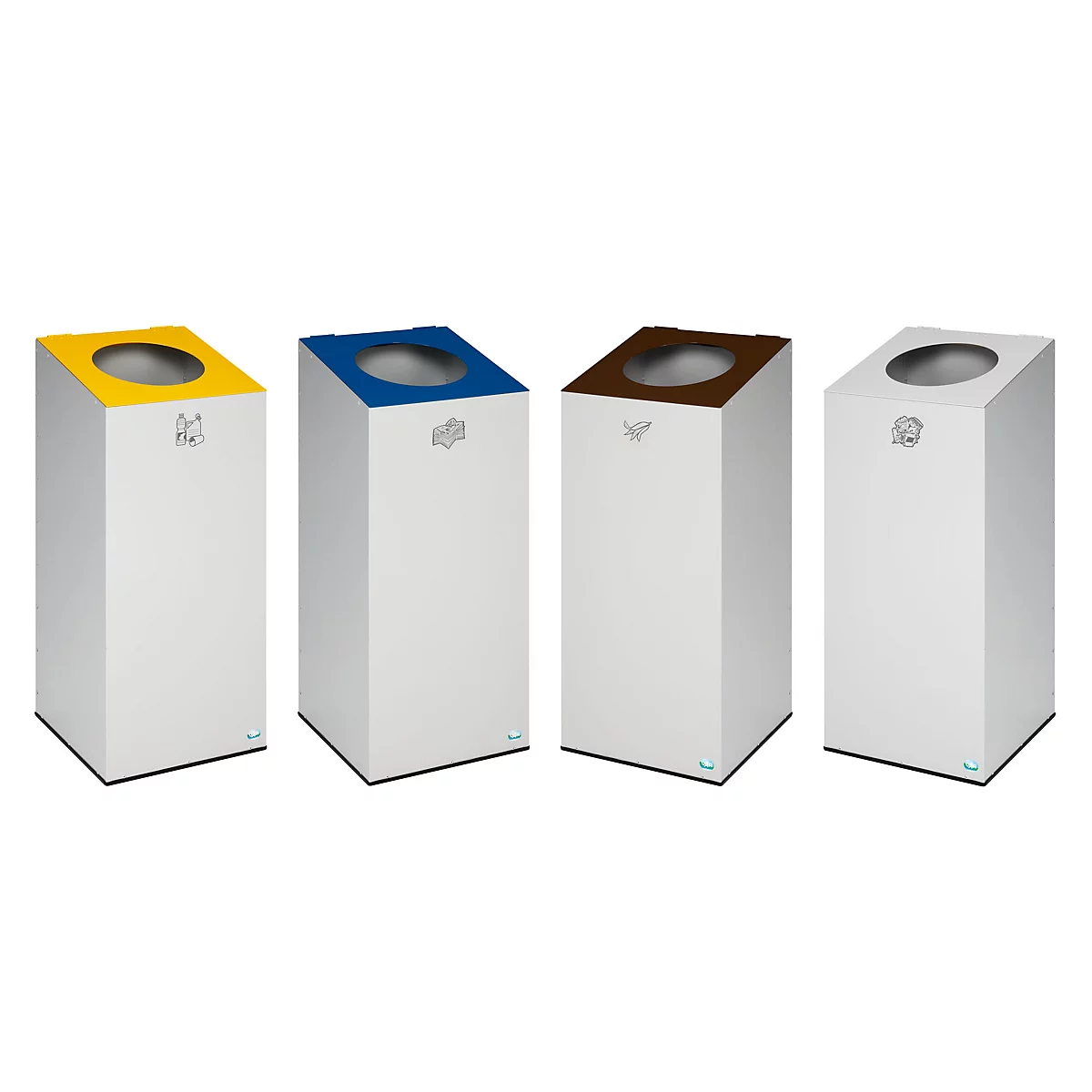 Quatre poubelles: jaune, bleu, marron et blanc avec des couvercles assortis.