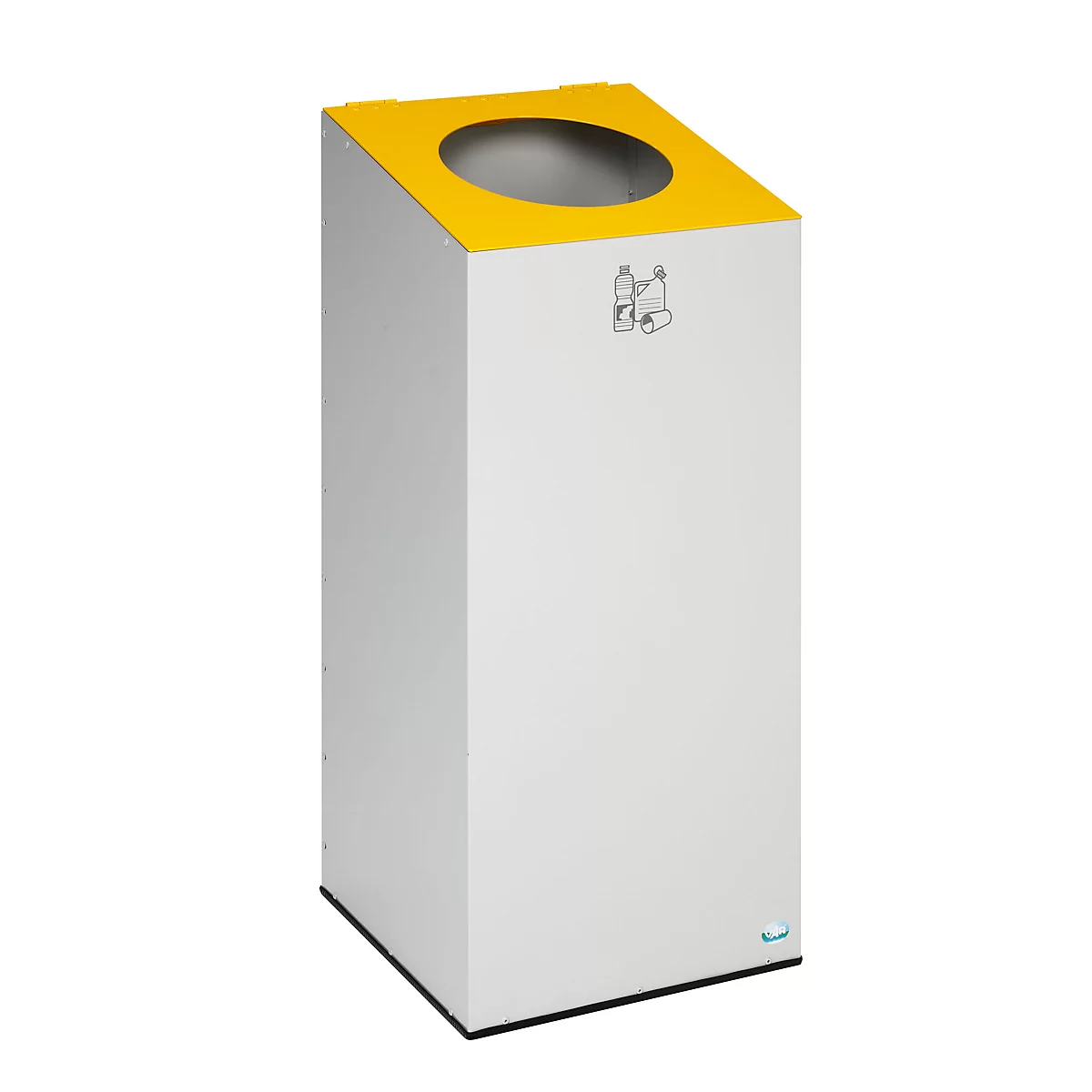 Poubelle jaune et blanche, trou rond en haut. Pictogramme pour bouteilles. Marque bleue en bas à droite.