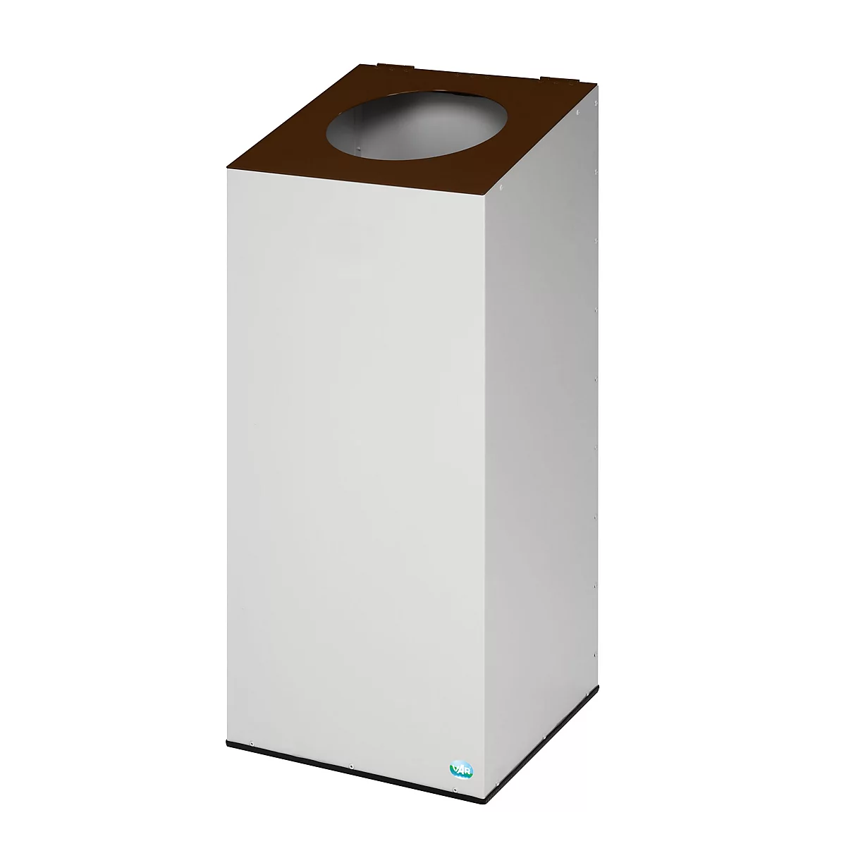 Poubelle cubique blanche avec couvercle marron et ouverture ronde. Sur socle noir, avec LED bleue.