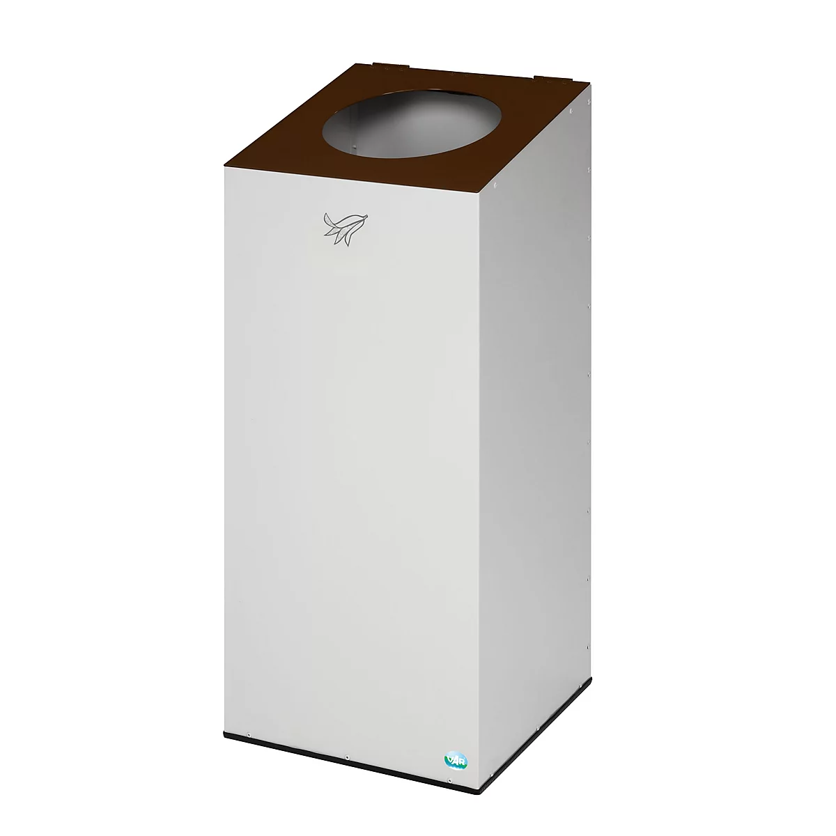 Sèche-mains rectangulaire blanc avec dessus marron. Petit logo sur le devant, LED bleue en bas.