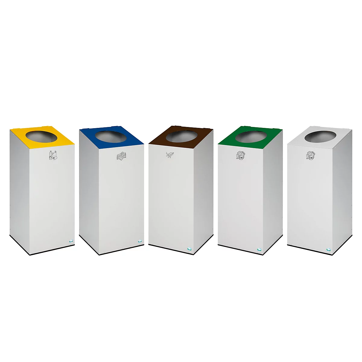 Cinq poubelles blanches avec des couvercles colorés : jaune, bleu, marron, vert et gris.