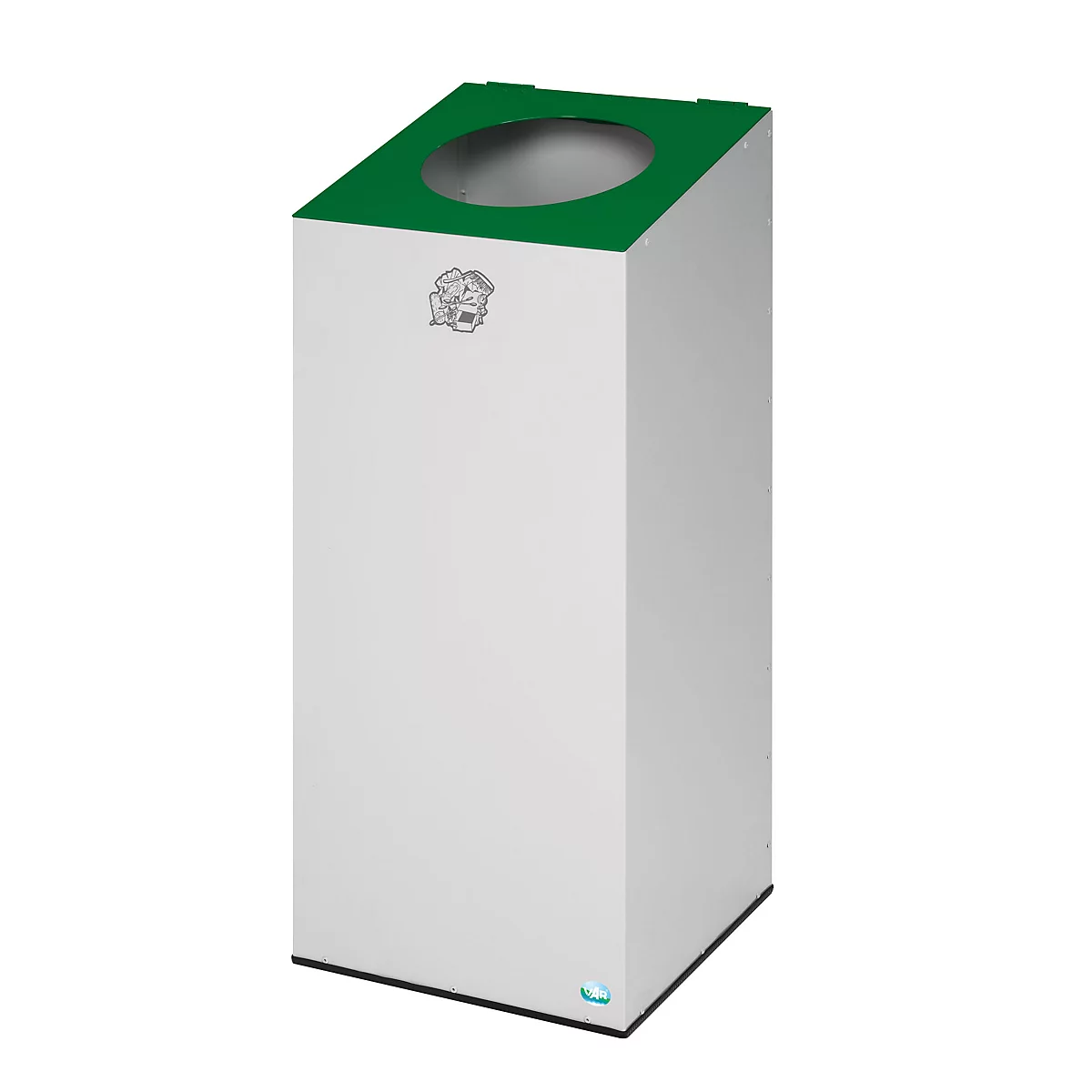 Poubelle cubique blanche avec couvercle vert et ouverture d'entrée. Lumière bleue en bas.