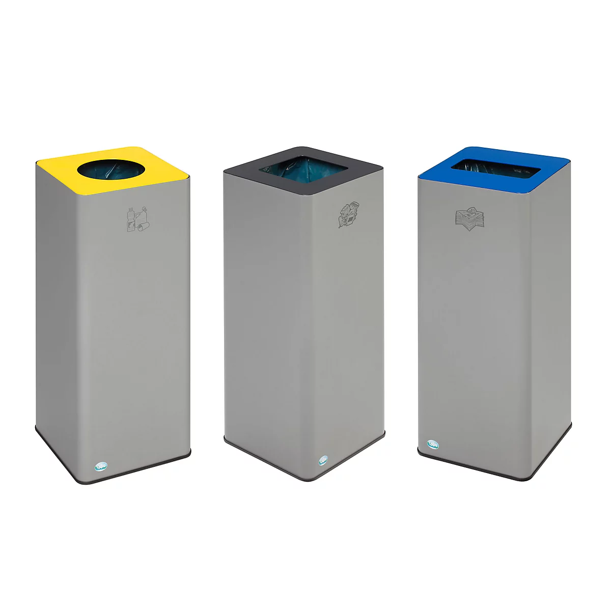 Trois poubelles rectangulaires: jaune, noir, bleu. Chaque bac a un couvercle coloré et un symbole pour le type de déchets. En dessous se trouve une LED bleue.