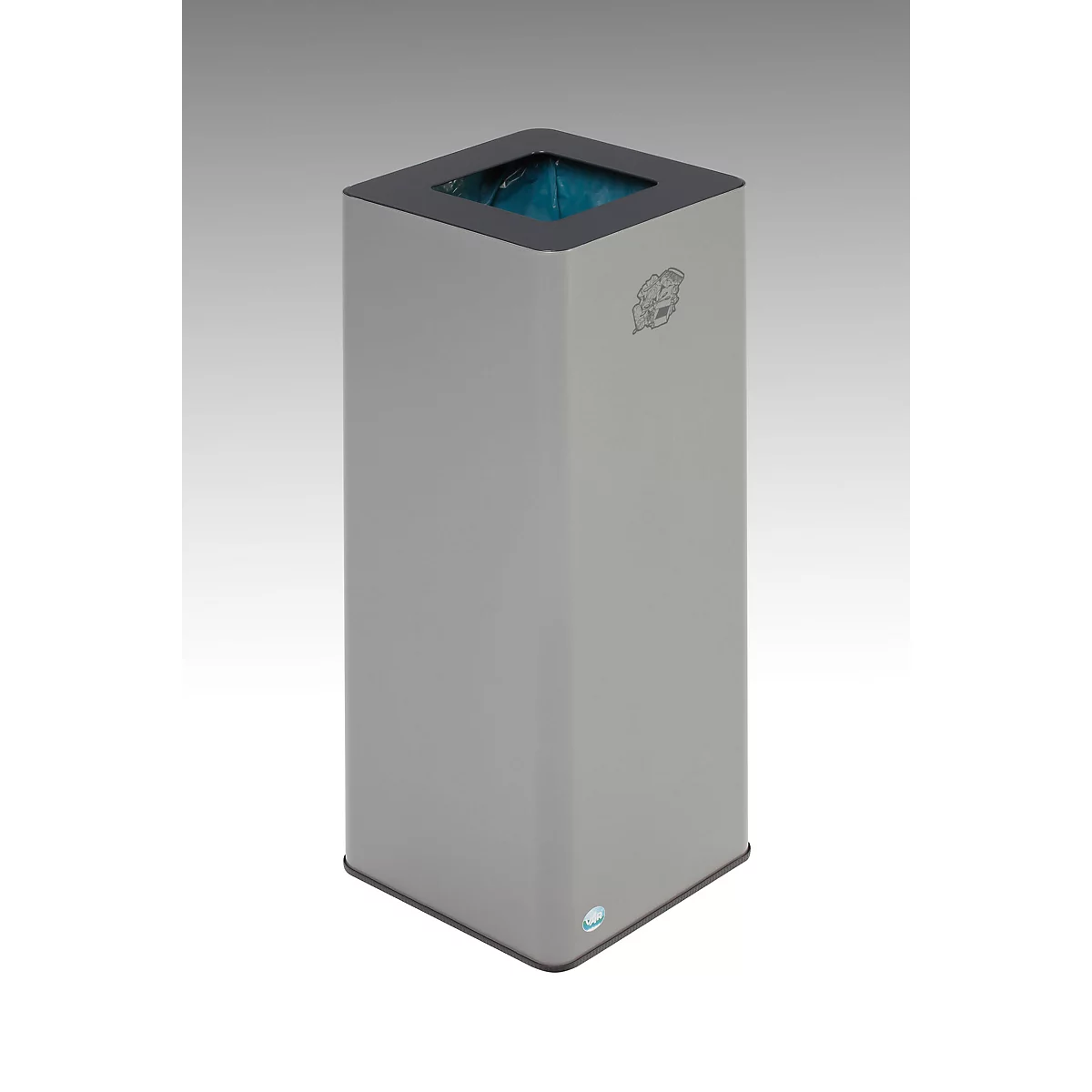 Poubelle grise et carrée avec une ouverture carrée avec une couleur intérieure bleue. Un bord sombre est visible en haut.