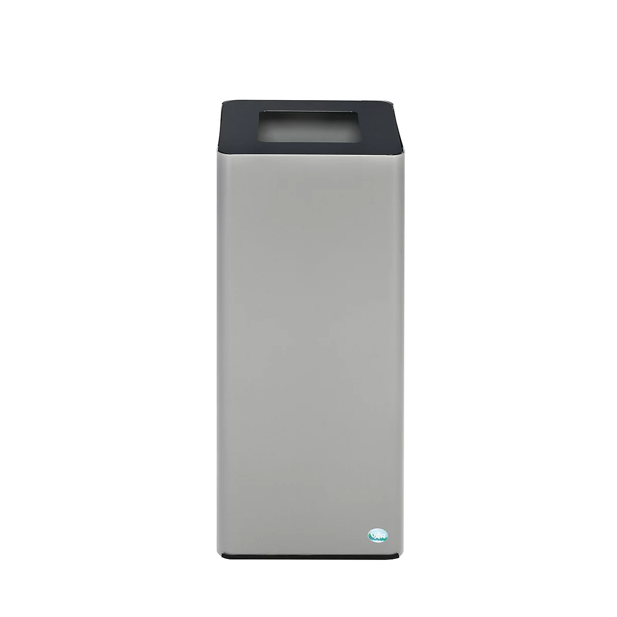 Poubelle grise et rectangulaire avec ouverture carrée sur le dessus. Une lumière bleue est située en bas.