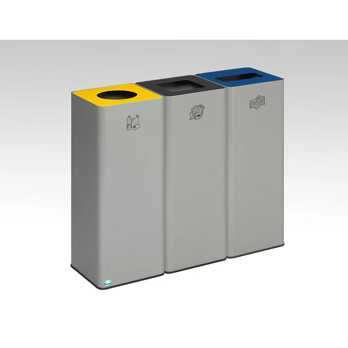 Trois poubelles grises avec des couvercles jaunes, noirs et bleus. Des pictogrammes indiquent les différents types de déchets.