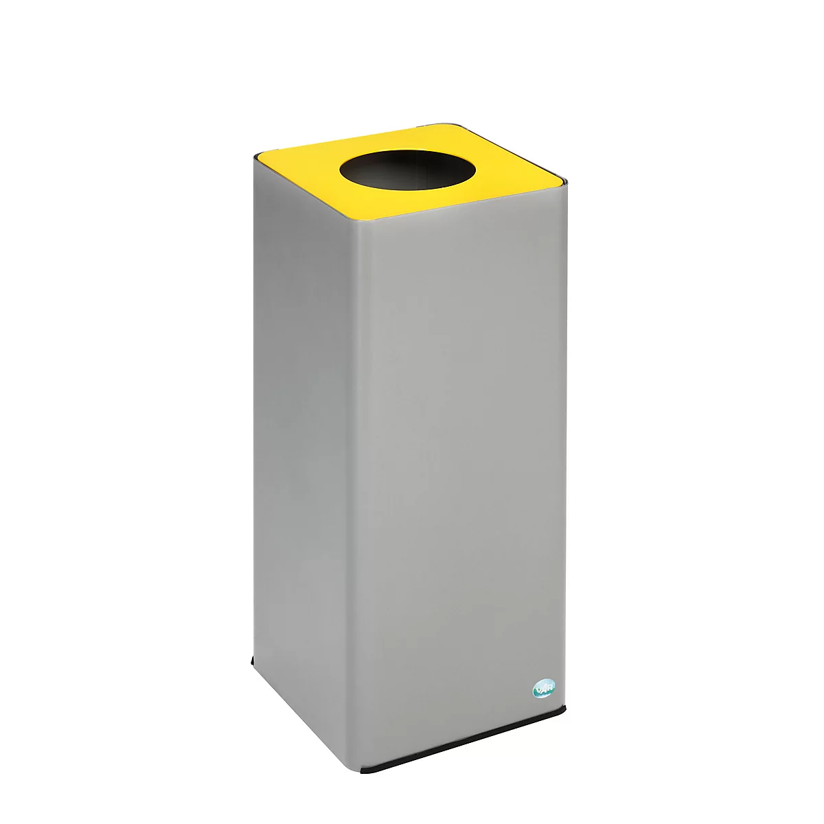 Poubelle grise avec couvercle jaune et trou rond.