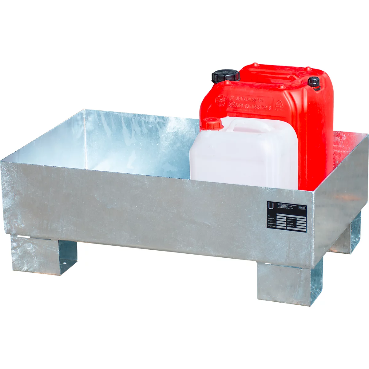 A metal drip tray with two canisters. One red and one white canister stand in the tray.