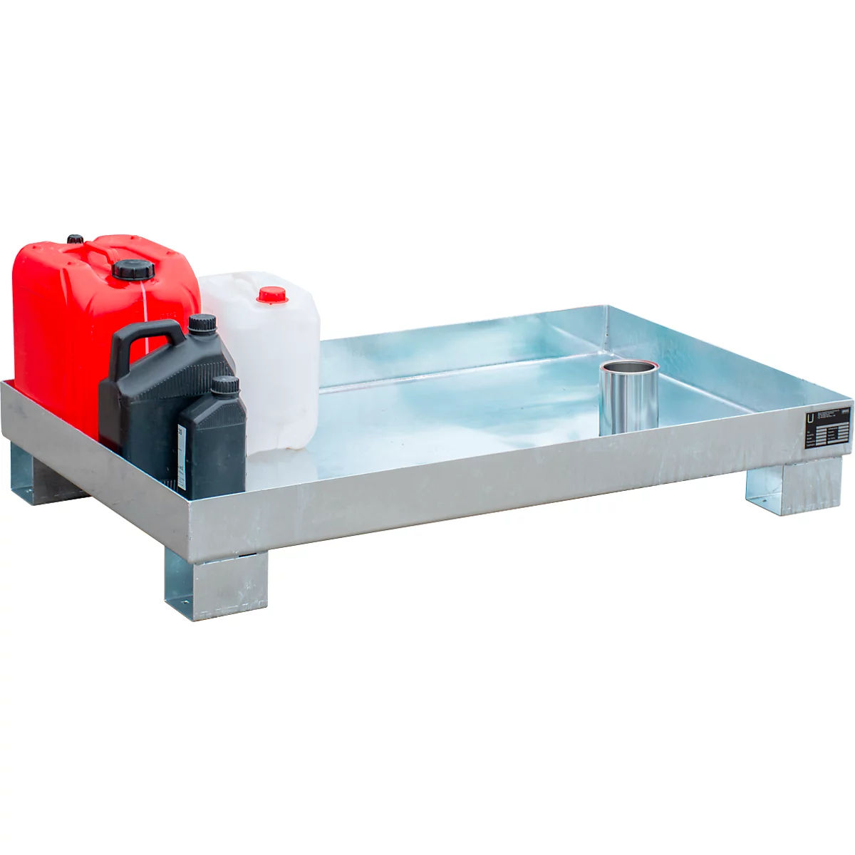 Spill containment tray with several canisters. The tray is made of metal, the canisters are red, black and white.