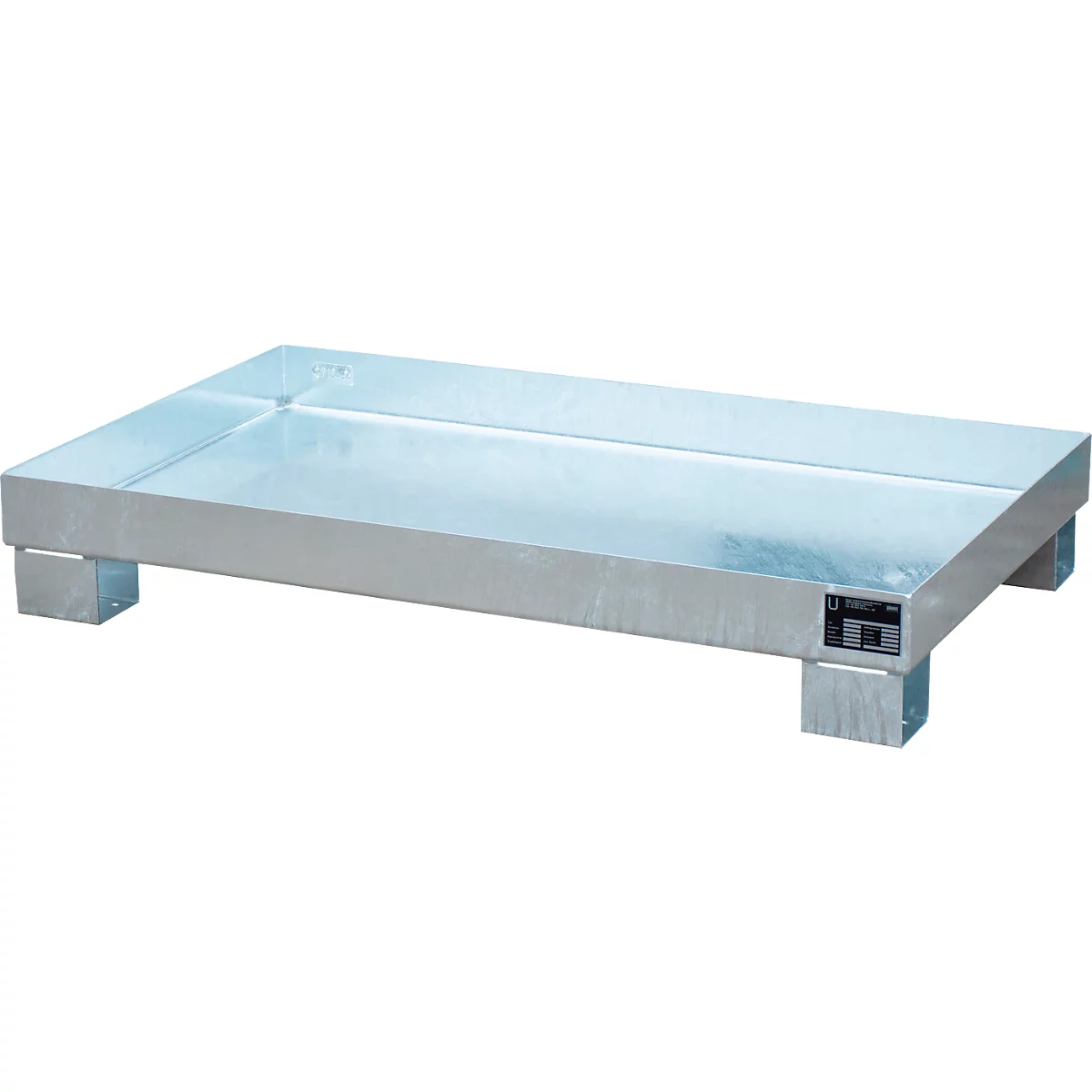 Metal pallet with a rectangular base, silver-colored, square feet.