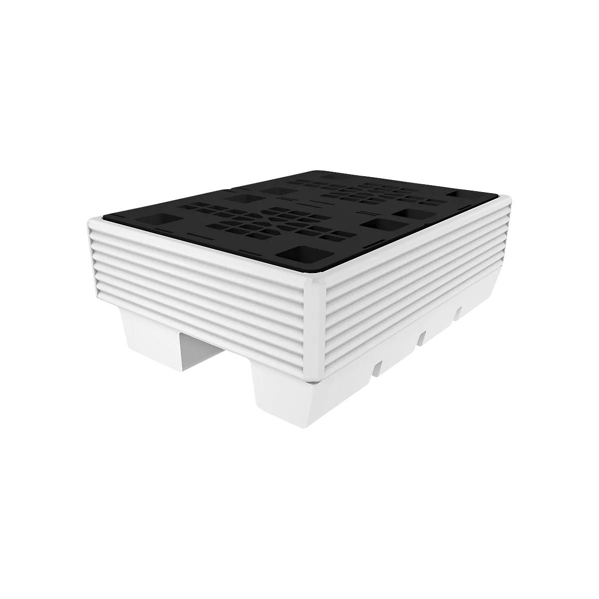 White plastic pallet with a black lid. The side has horizontal stripes, and the pallet is standing on low feet.