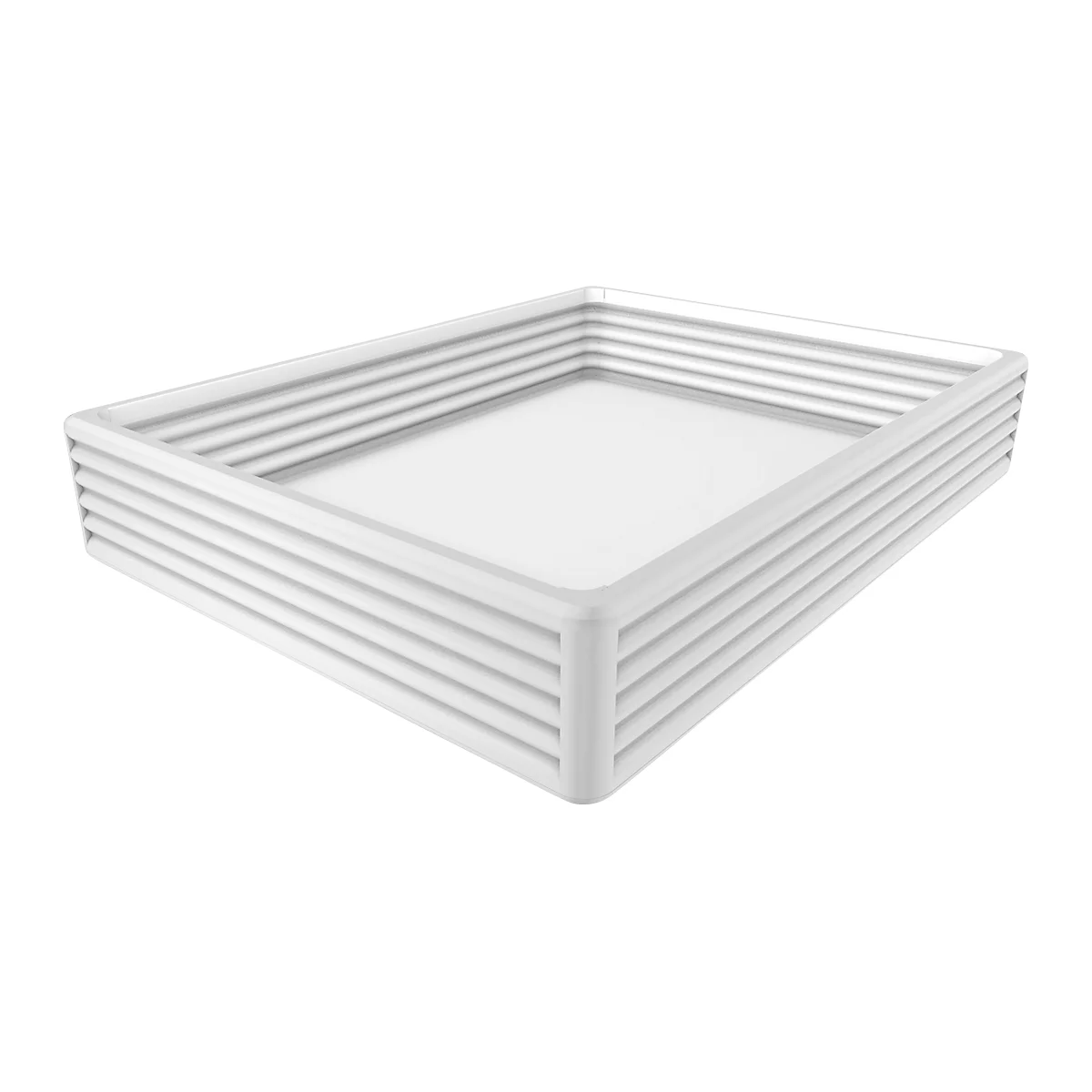 White, rectangular stackable container with ribbed outer structure. The shape is reminiscent of a bathtub.