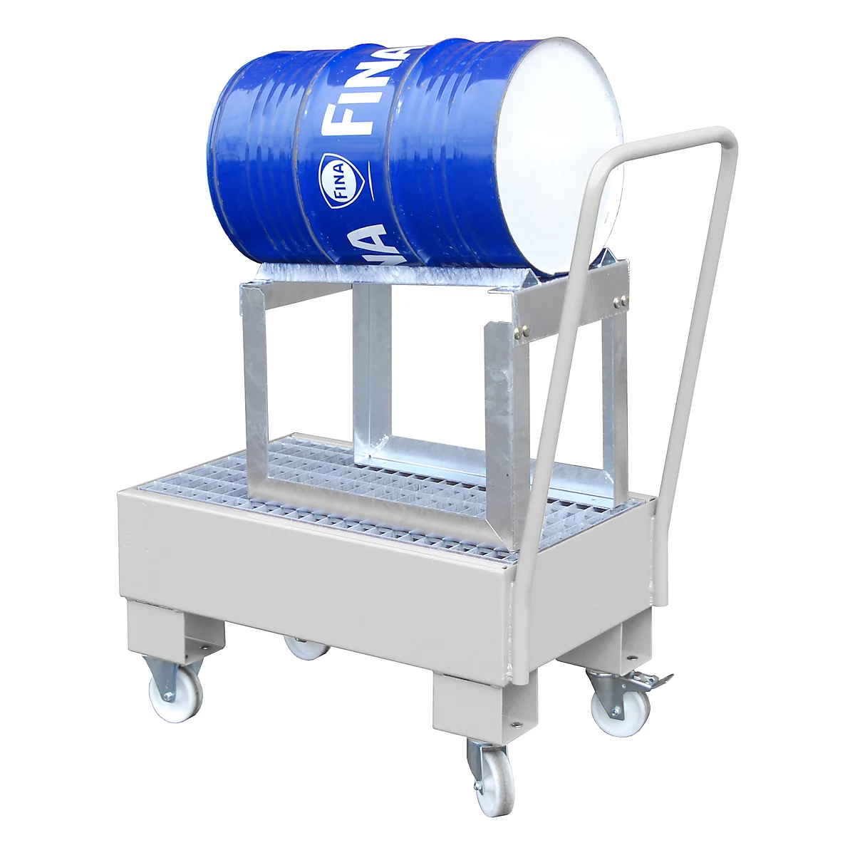 A blue drum cart with blue barrel. The barrel is labeled with FINA.